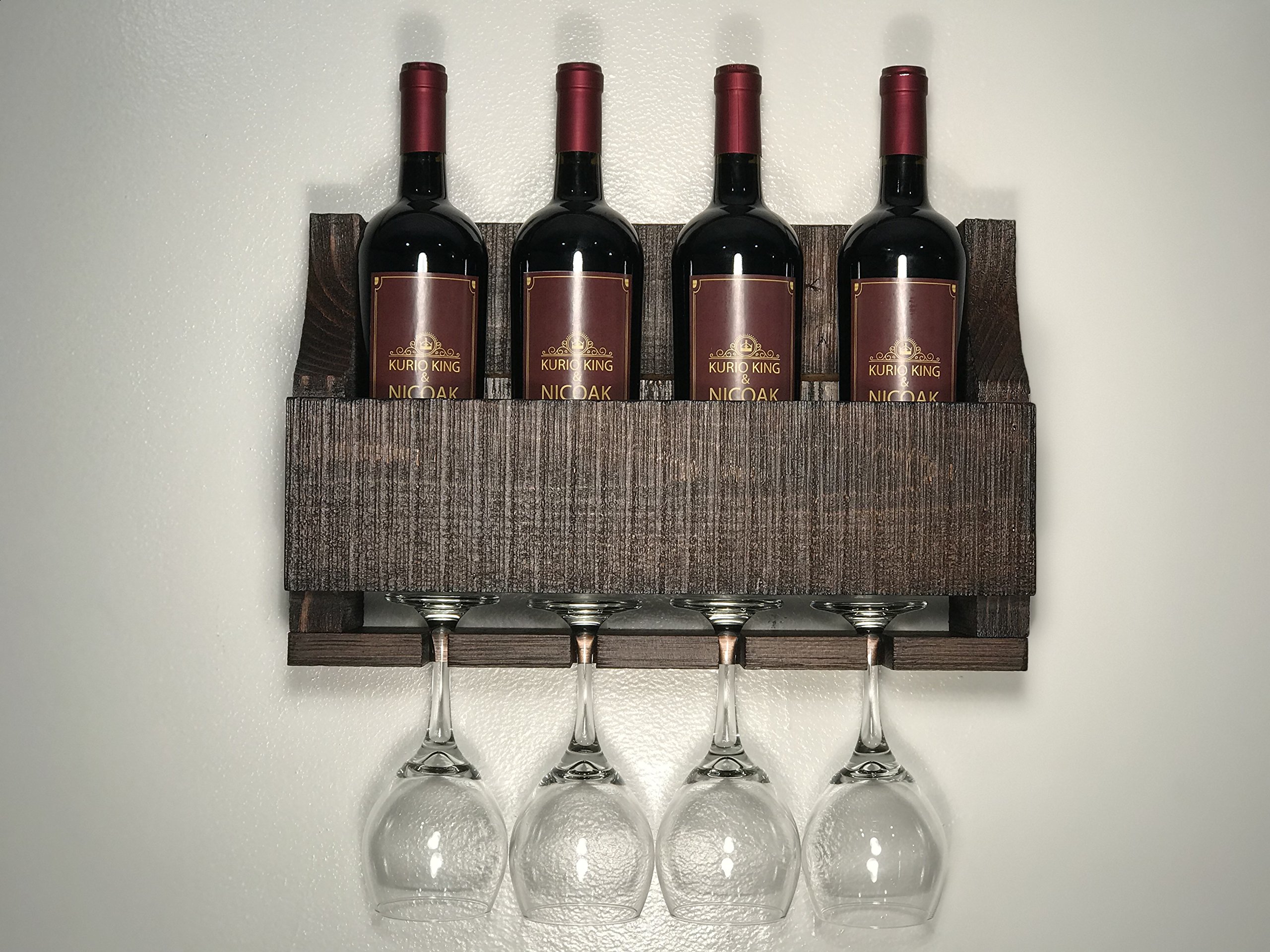 Empire USA - Barnwood Wall Mount Wine Rack holds 4 Wines and 4 Long Stem Glass Rustic Reclaimed Wood (Barn Brown Fir)