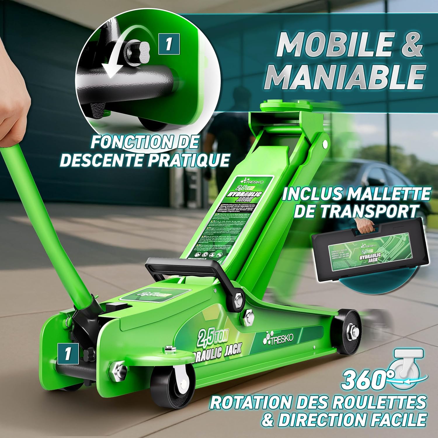 TRESKO hydraulic jack showing its practical lowering function, 360-degree swivel wheels for easy maneuvering, and the included transport case.