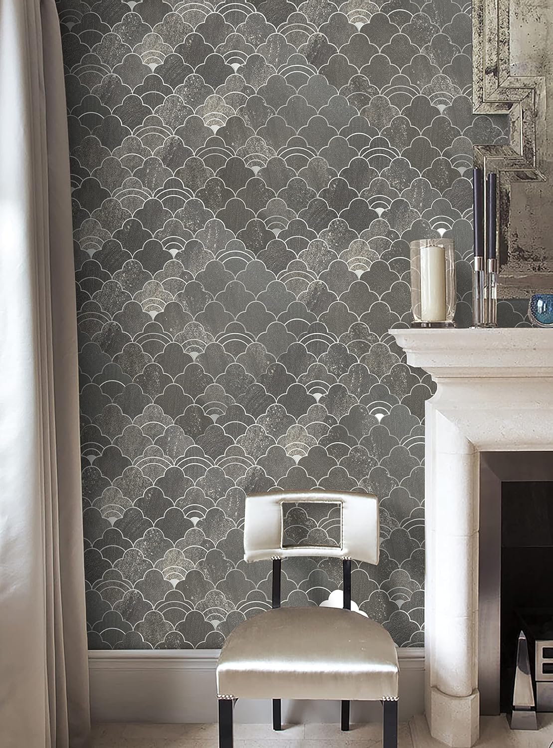 COLAMO Luxury Peel and Stick Backsplash,Mix Metal Silver Faux Stone Adhesive Tile,Stick on Arabesque Geometric Water Jet,Accent Wall Mosaic Tile for Kitchen,Bathroom,Fireplace(10,Light Black Marble)