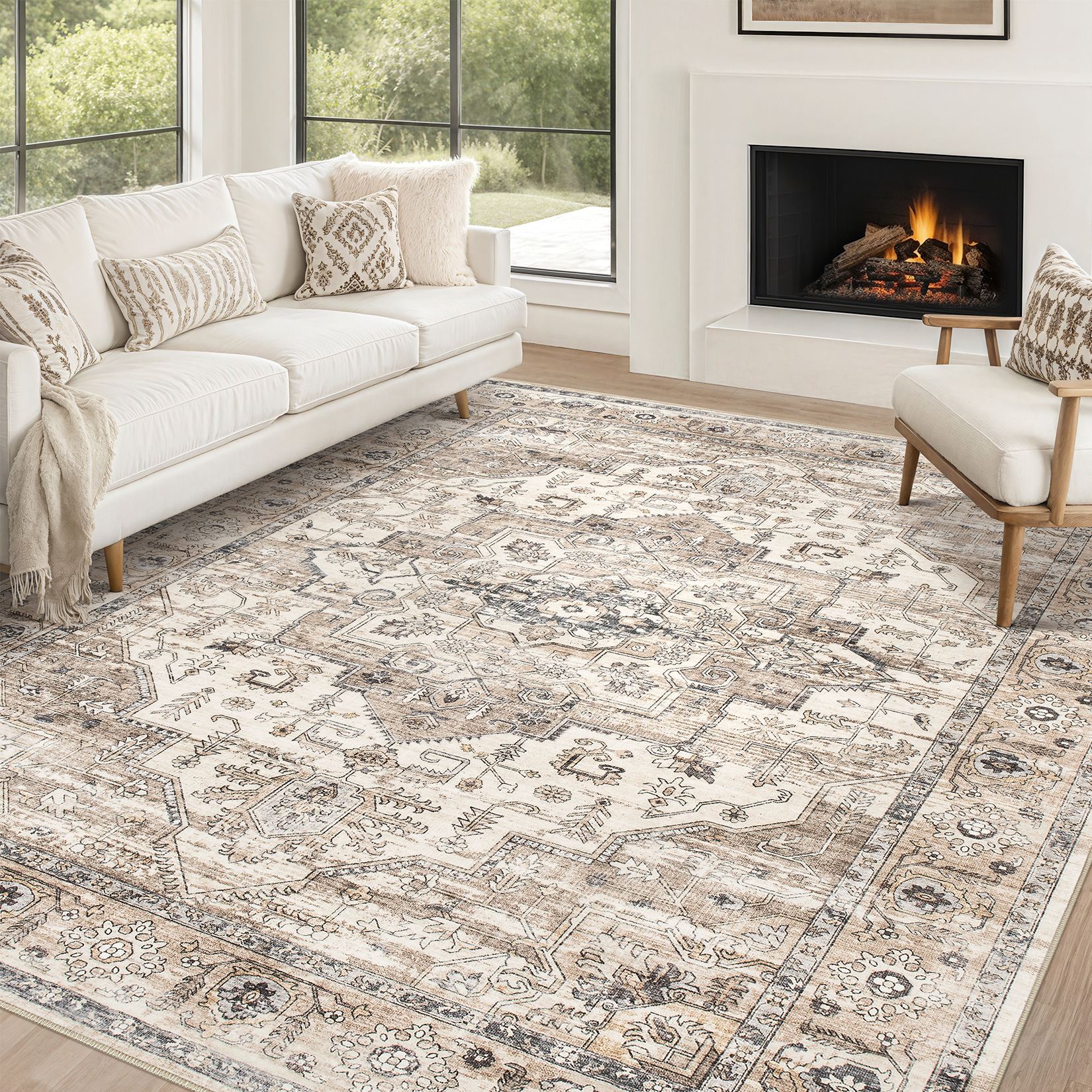 7x9 Washable Area Rugs for Living Room Soft Vintage Carpet Light