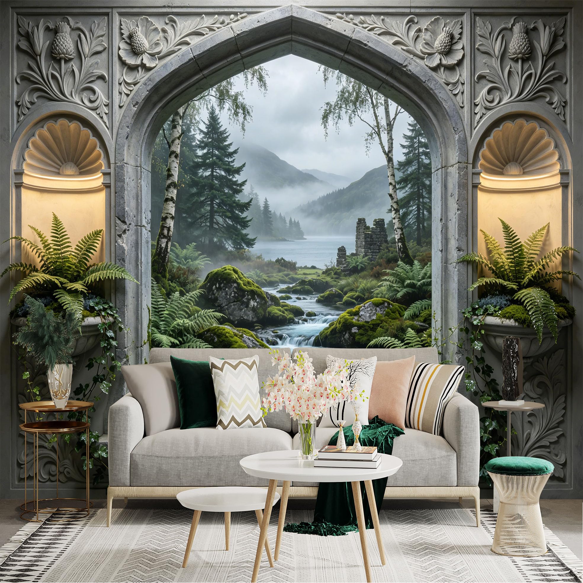 Custom Size Wall Sticker Mural， Misty Forest with River， Stone Arch and Ferns， for wall Decoration， peelandstick wall Decals.