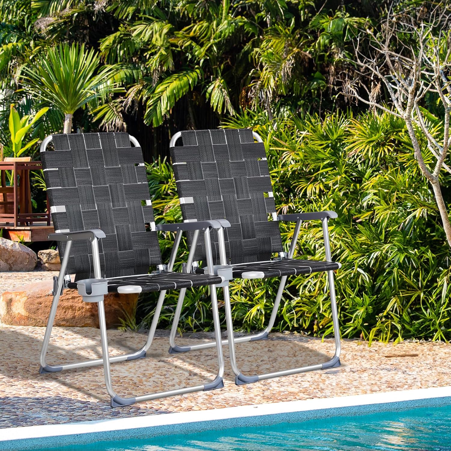 VINGLI Aluminum Patio Lawn Chairs Folding Set of 2 with Detachable Cup Holder, Webbed Beach Chair Folding Chair Outdoor Portable Camping Chair for Yard, Garden