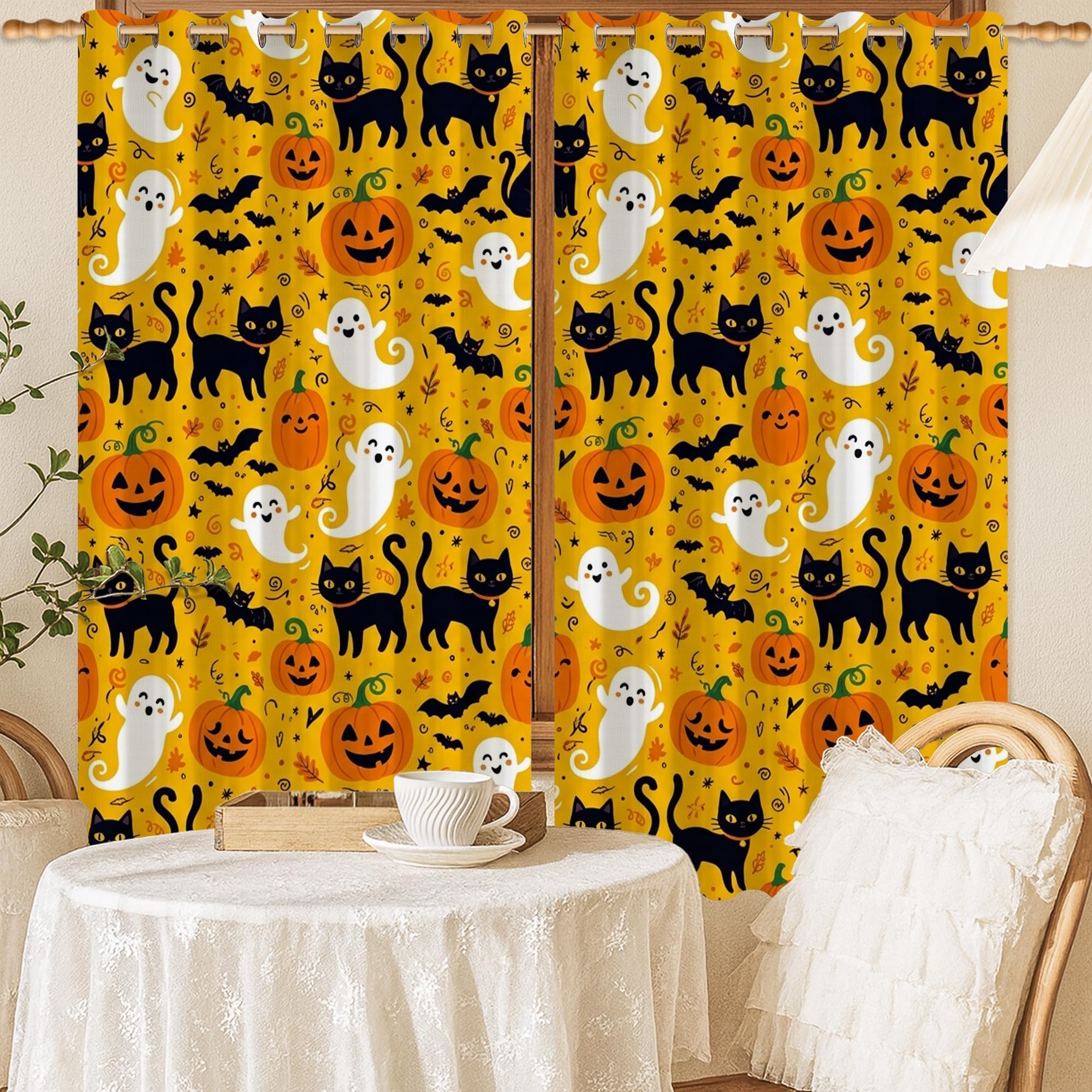 Rideaux occultants sans plis Halloween chat fantôme jaune 132x137 cm
