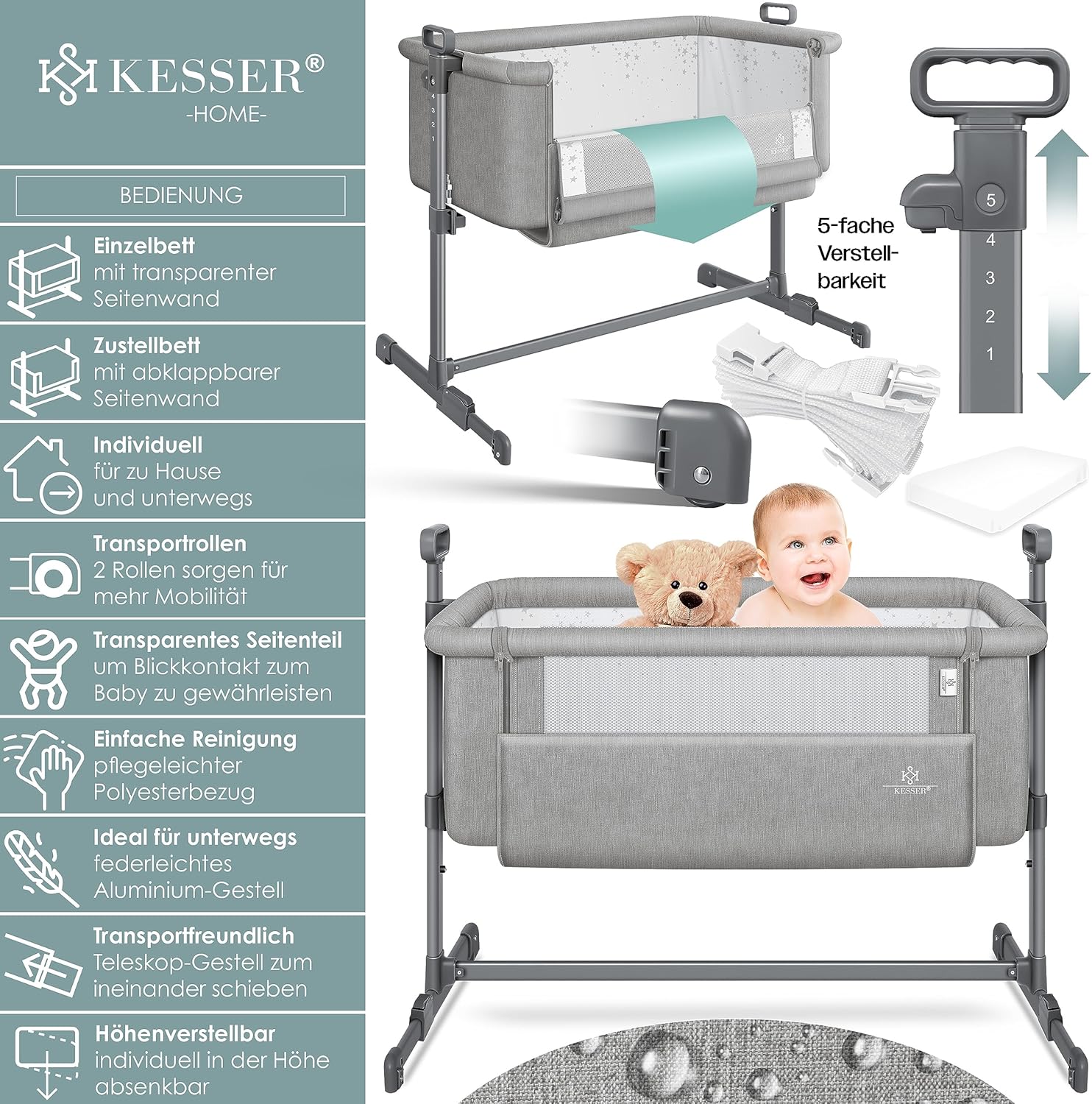 KESSER® Hubi 3in1 Baby Bed Travel Cot with Soft Mattress with Wheels, 5-Way Height Adjustment, Folding Side Wall for Home and on the Go
