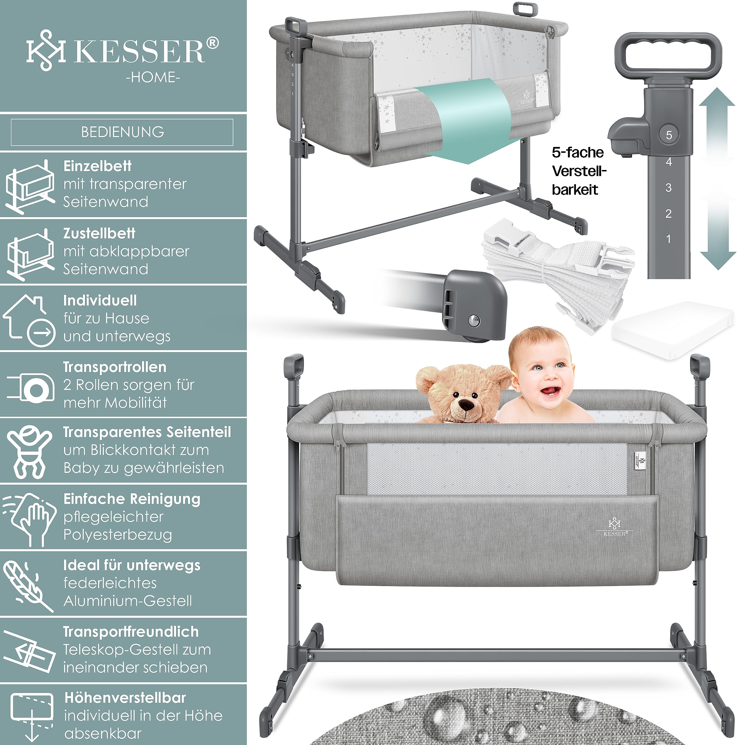 KESSER® Hubi 3in1 Culla da viaggio Culla per bambini con materasso morbido, con rotelle, 5 regolazioni in altezza, pannello laterale pieghevole per la casa e in viaggio, grigio chiaro