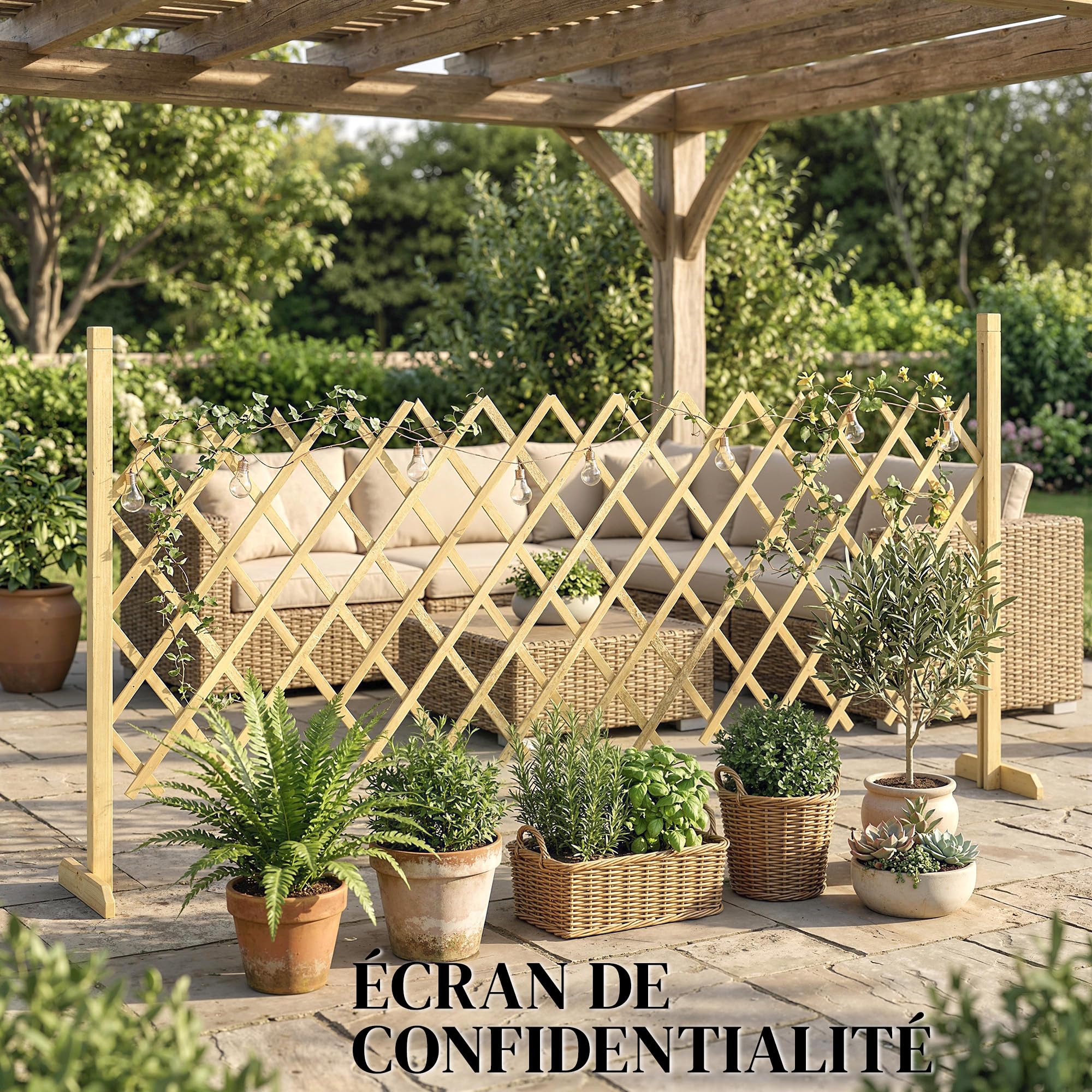 Outsunny Barriere Extensible en Bois de Sapin 180 cm, Base stable, Clôture de Jardin en bois pour Intérieur Extérieur Balcon Jardin, Naturel