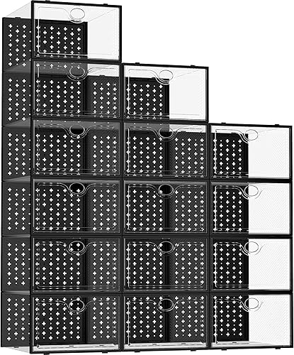 Pinkpum Paquete de 15 cajas de almacenamiento de zapatos extragrandes para tamaño 11, organizador de zapatos para armario, de plástico transparente,