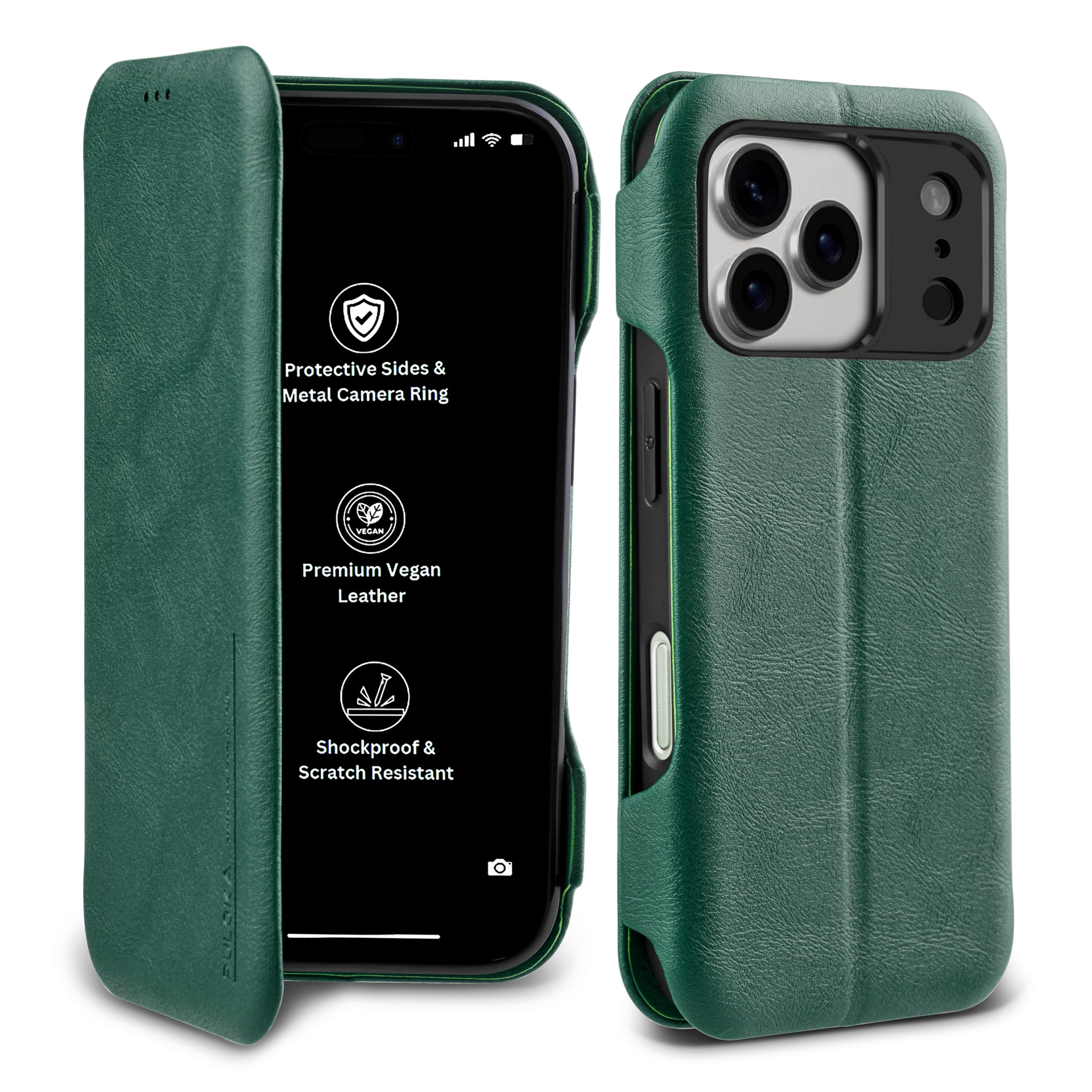 PULOKA Premium PU Leather Flip Cover Compatible with Apple iPhone 17 Pro – Slim Wallet Case with Card Slot, Magnetic Closure, Kickstand Stand Function & Full Body Protection (Green)