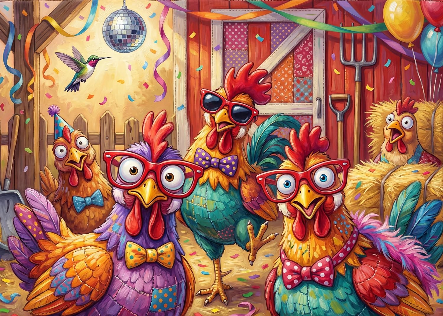 Funny Party Chickens Jigsaw Puzzle for Adults 1000 Pieces, Colorful Cartoon Farm Roosters with Sunglasses, Vibrant Whimsical Art Premium Quality, for Animal Lovers and Puzzle Enthusiasts