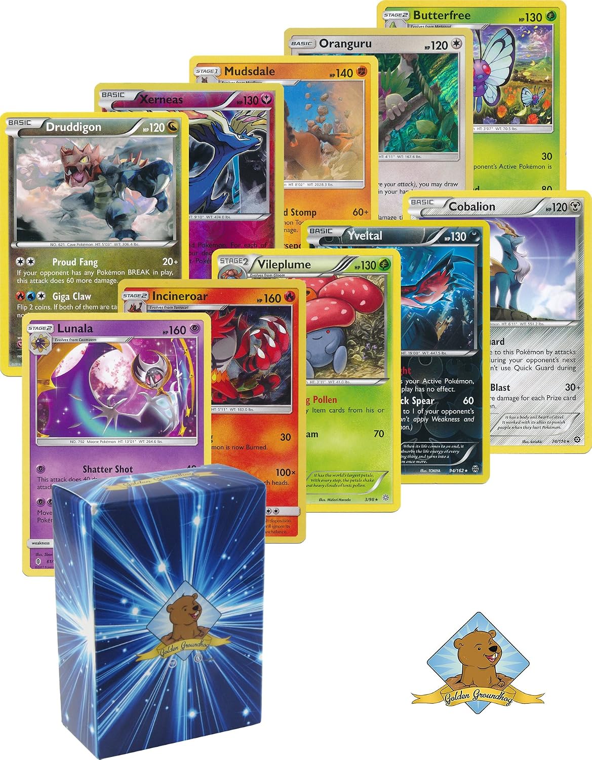 5 Pokemon Rare Card Lot 120 HP or Higher with Holos! Bonus Pokemon Collectible Coin! Includes Golden Groundhog Deck Box!