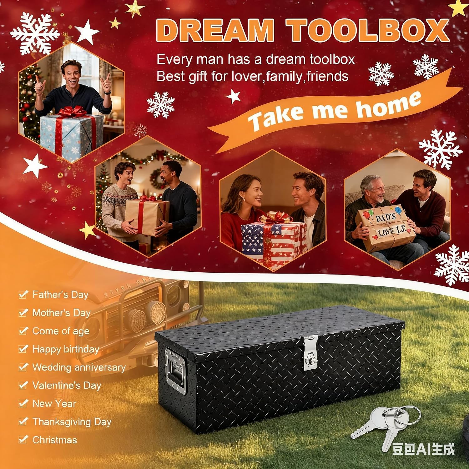 30 INCH Aluminum Tool Box,Heavy Duty Truck Bed Toolboxes,Diamond Plate Truck Tool Box With Side Handle And Lock keys, Used for Truck Bed Storage,Trailers,Pickup,RV, All-Weather Use，Black Painting