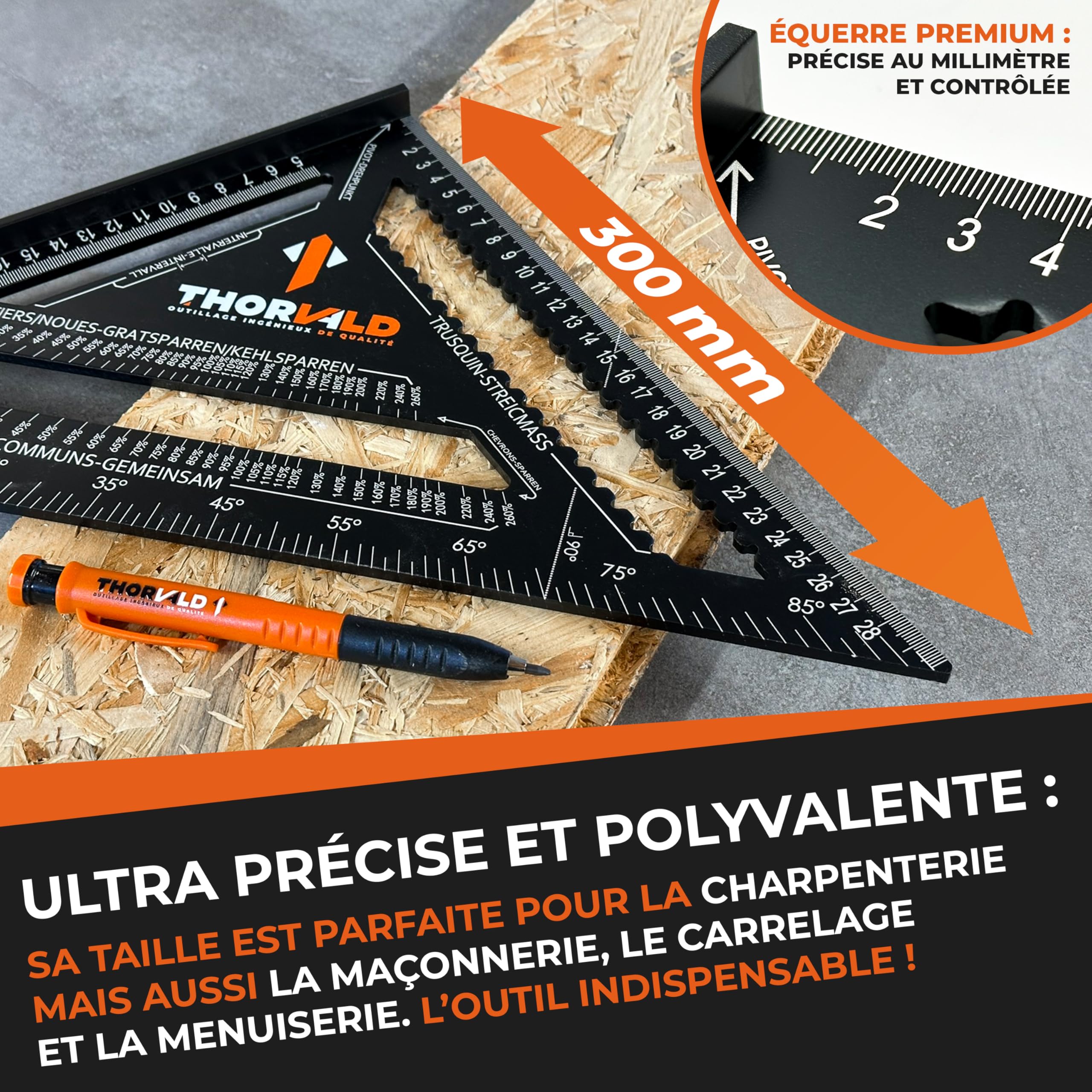 5 EN 1 Equerre Menuisier 180 Mm + Crayon Chantier