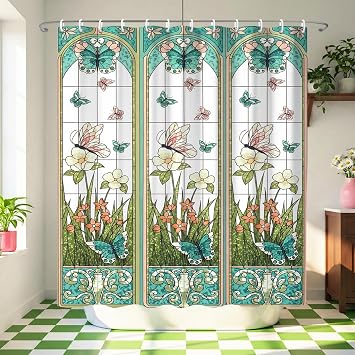 Colorful Floral and Butterfly Shower Curtain,Green Garden Stained Glass Shower Curtains,Cute Waterproof Polyester Art Bathroom Decor,72x72 Inch