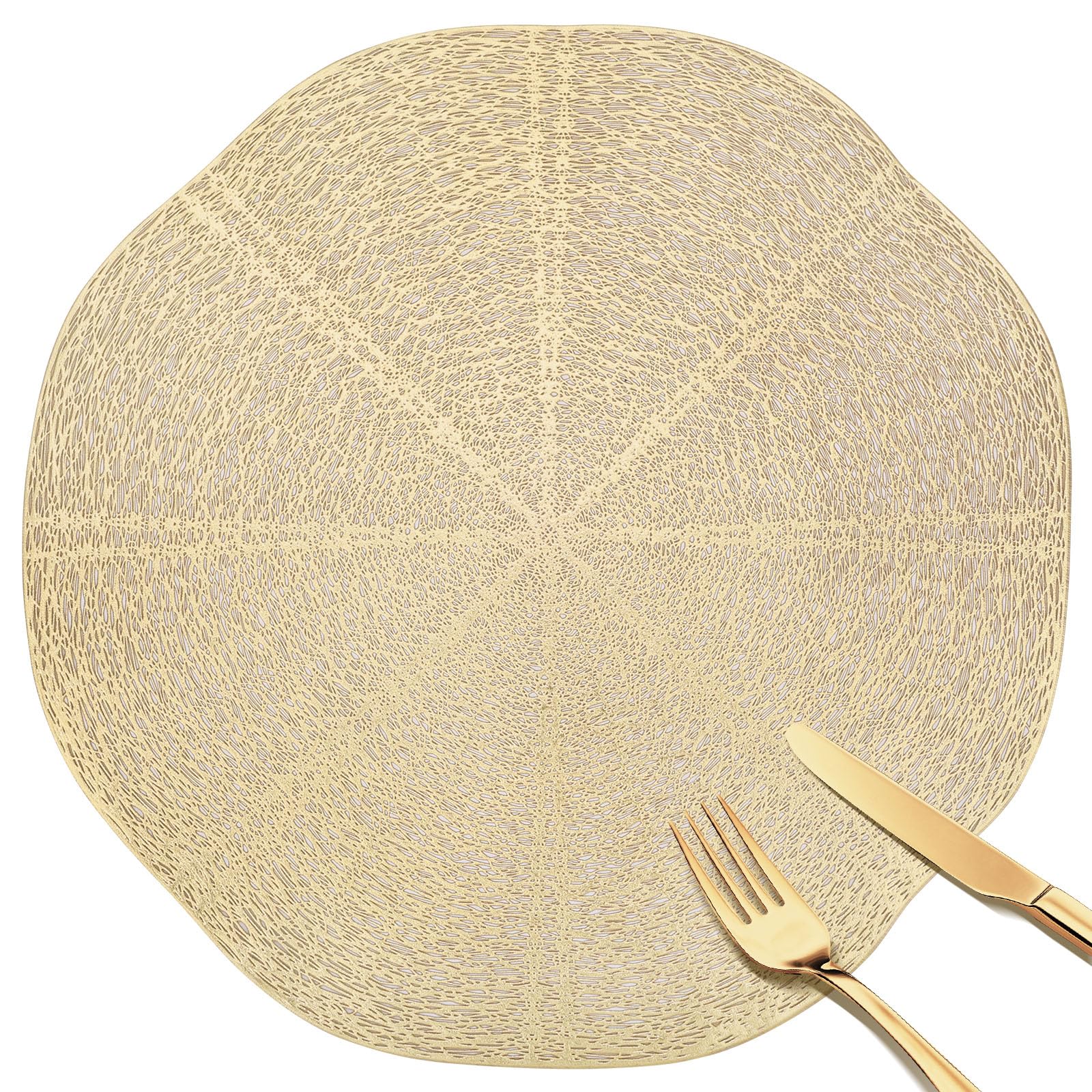 fanquare Round Placemats Set of 6 Gold PVC Hollow-out Table Mats