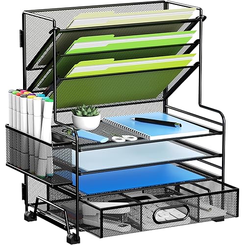 4-Tier Paper Organizer + 3-Pocket File Holder + Drawer + 2 Pen Holders, Desktop File Organizers Paper Tray for Office Accessories School Classroom Organization (Black)