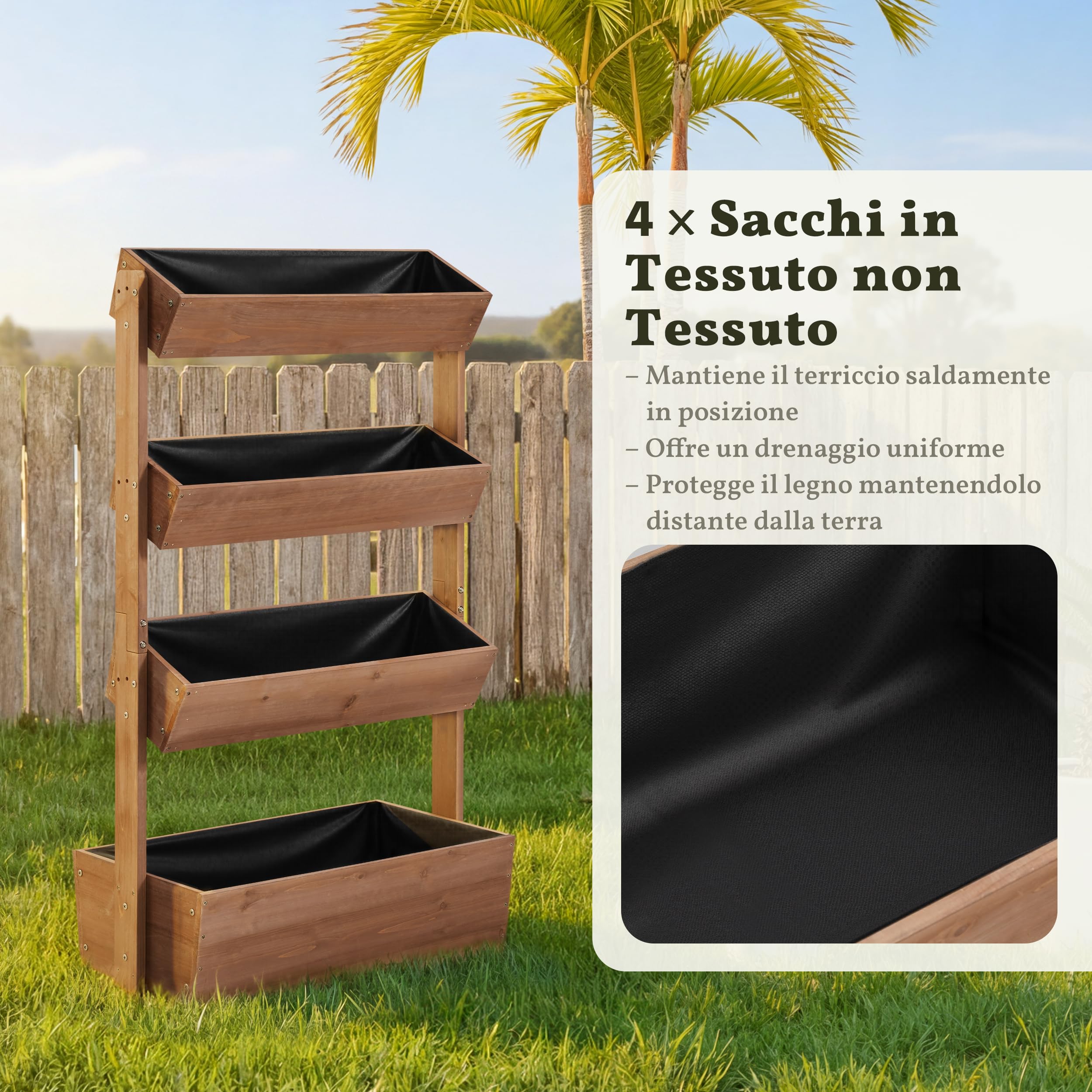 Yaheetech Fioriera Aiuola Rialzata da Esterno Verticale 4 Piani in Legno con Fori di Drenaggio per Piante Aromatiche Orto 84,5×45×140,5cm Marrone Scuro
