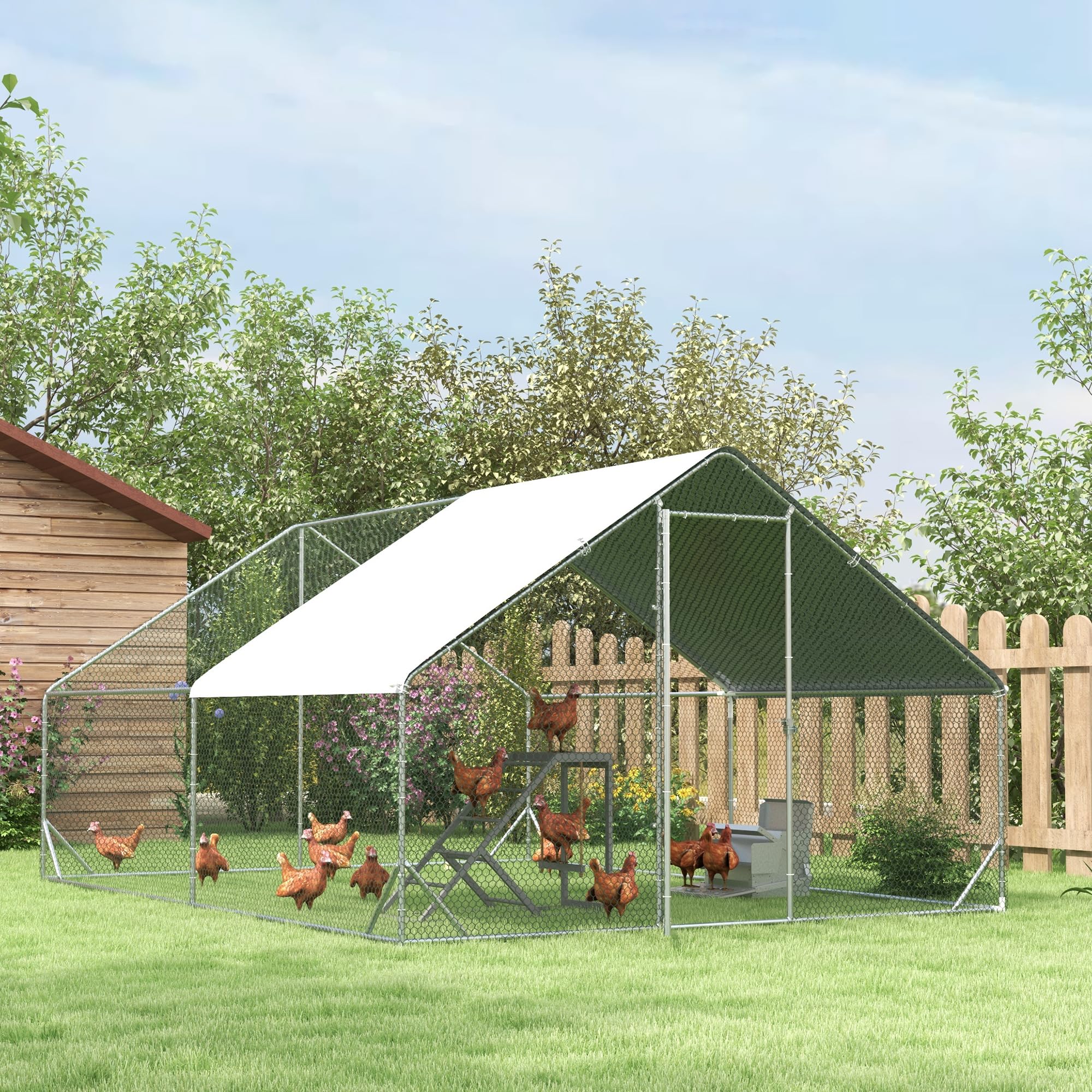 PawHut Hühnerstall 3x4x2 m Freilaufgehege mit Dach für 8-12 Hühner Silber | Hühnergehege, Hühnerlaufstall Freigehege für Kleintiere, Tür mit Schloss, Hühnerkäfig aus Verzinkter Stahl