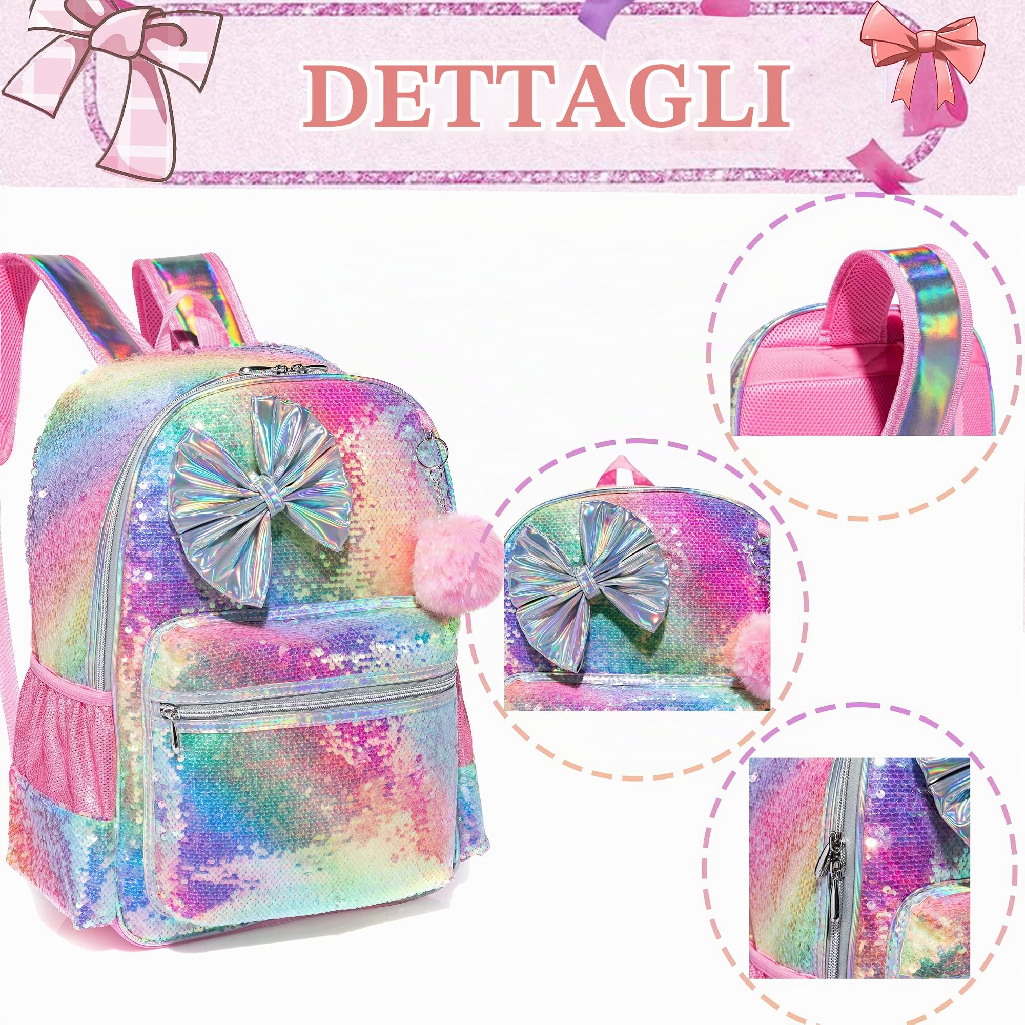 HTgroce Zaino Bambina, Zaino Coda di Grande Ragazza Zainetto Asilo Paillettes Bambino Zaino Scuola Elementari Bimba con