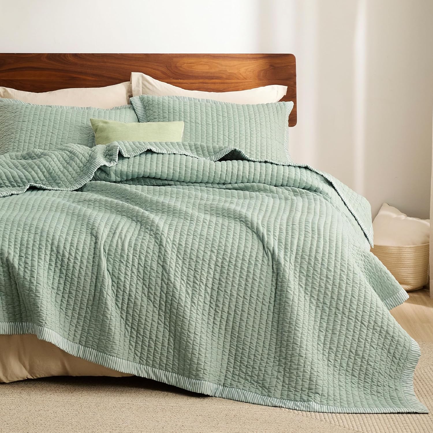 Bedsure Green Quilts Queen Size - Queen Quilt Bedding Set Bedspread Coverlet, Lightweight Corduroy Pattern Bedspread, 3-Piece Set with 90"x96" Coverlet & 2 Pillow Shams, All-Season Soft Microfiber - Image 8