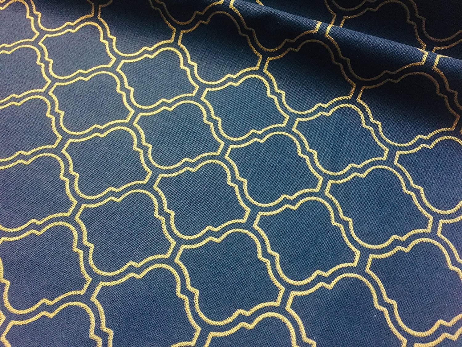 LushFabric Gold Moroccan Arabic Damask Fabric Home Decor Curtain Upholstery Material - 140cm Wide Navy Blue (1 Metre)