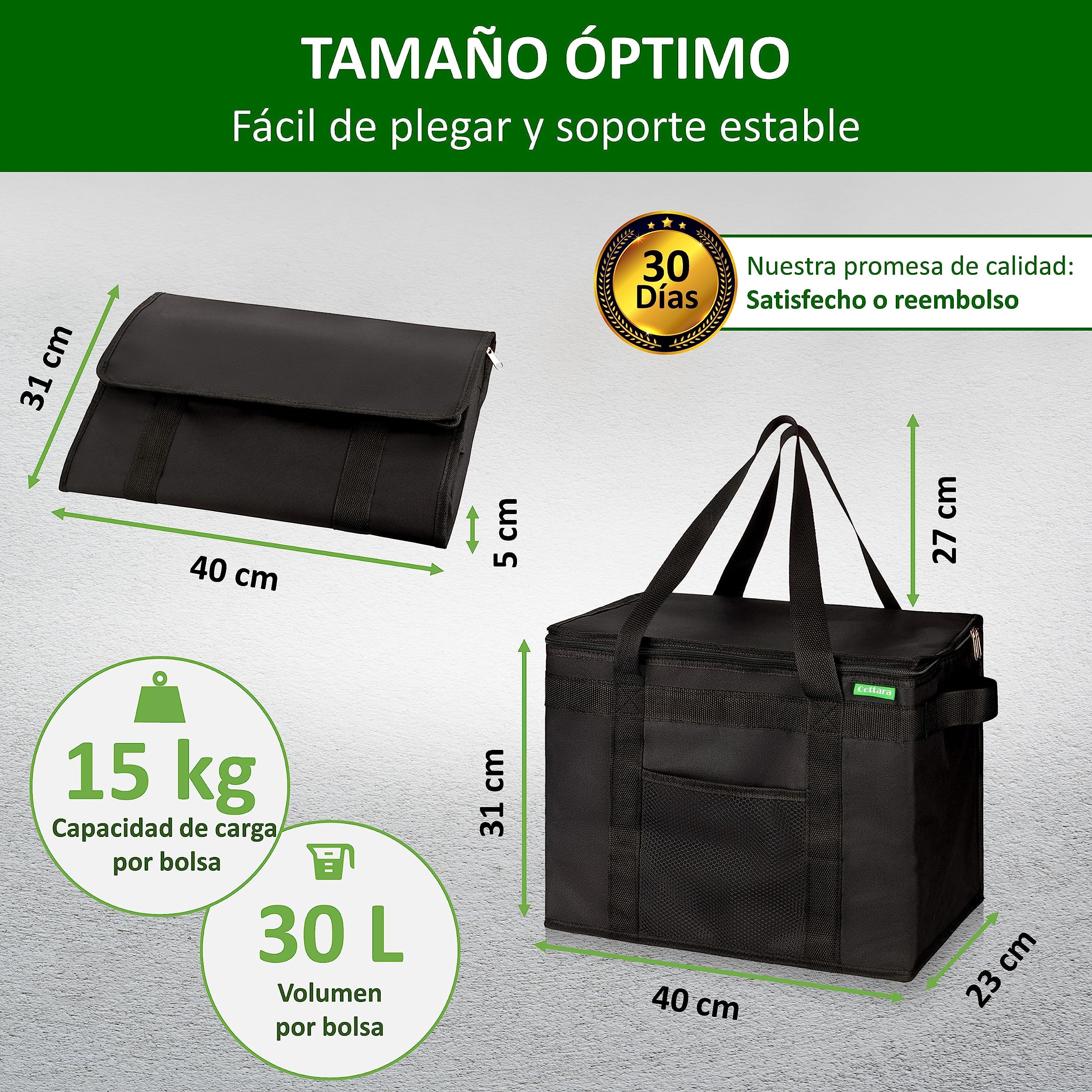 COTTARA Bolsa isotérmica plegable, 2 unidades, bolsa de la compra grande con base reforzada, ideal como bolsa aislante, cesta de la compra, bolsa de picnic, color Negro, talla 40 x 24 x 31 cm