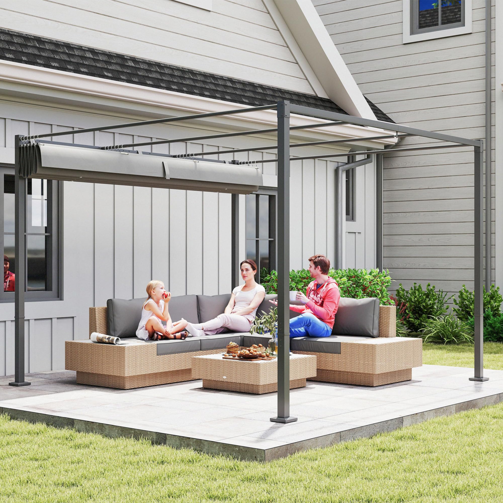 Outsunny Pergola Rétractable Coulissante 3 x 3 m, tonnelle de Jardin à Fixation magnétique Tissu Polyester Haute densité 180g/m² résistant aux UV, pour patios, Jardin, terrasse, arrière-Cours, Gris