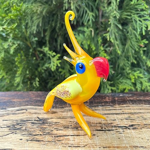 Miniatura 8 de Figura de loro de cristal amarillo  Miniatura y pisapapeles estilo Murano soplado a mano  Adorno de loro coleccionable para estante o escritorio