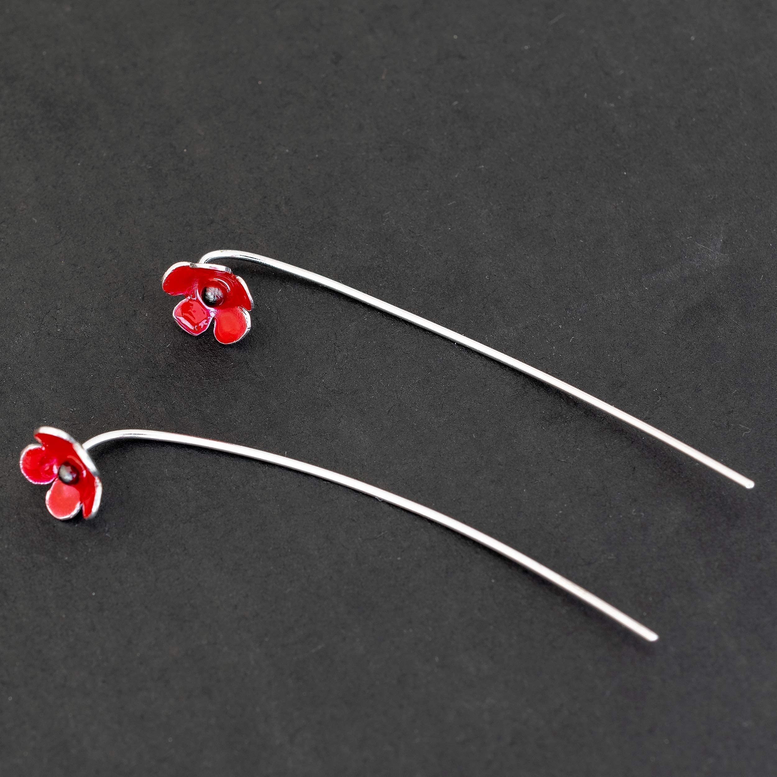Lange Statement Ohrhänger Ohrringe aus 925 Sterlingsilber - Mohnblumen mit Roter Emaille - Nickelfrei & Hypoallergen - Handmade by Emmanuela