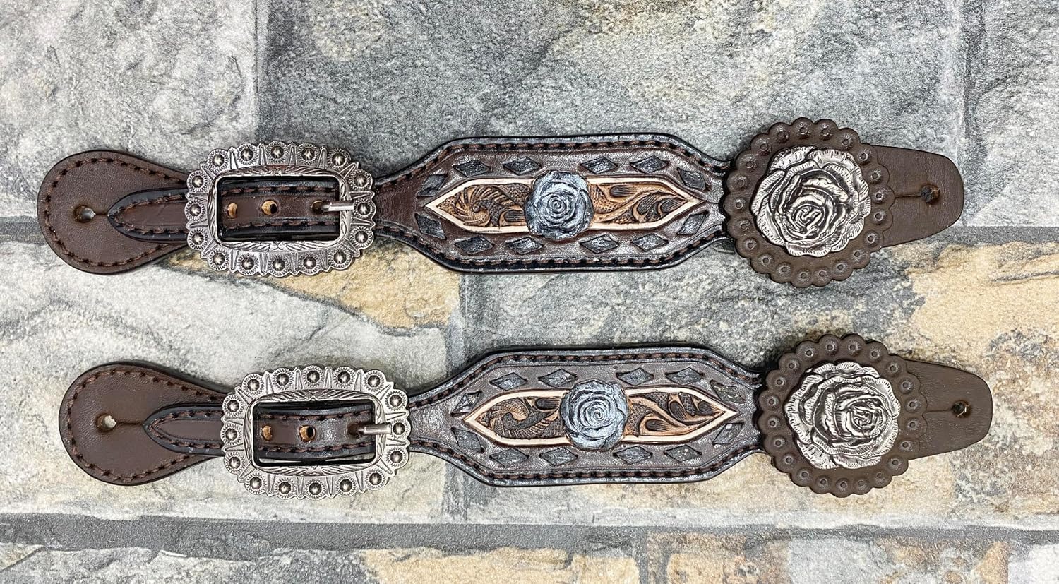 Western Women Spur Strap Set with 3D Rose Flower and Buck Stitch Inlay