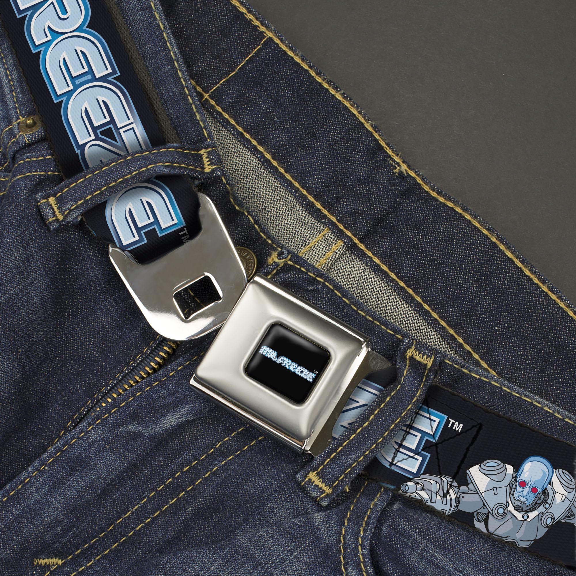 DC Comics Belt, Seatbelt Buckle, Batman Villain Mr Freeze Poses and Title Logo