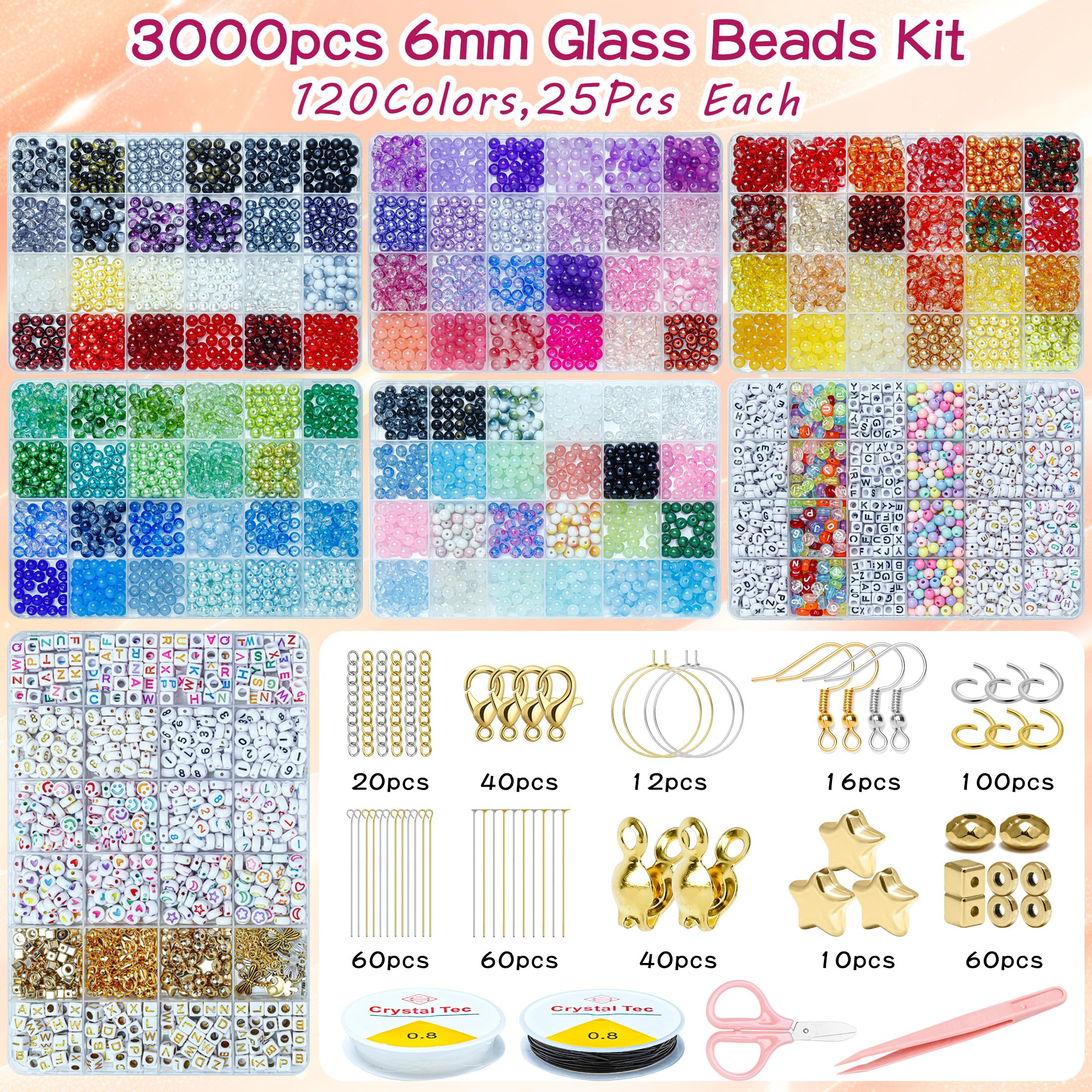 Juego de 4393 cuentas de cristal, 120 colores, 6 mm, para fabricación de