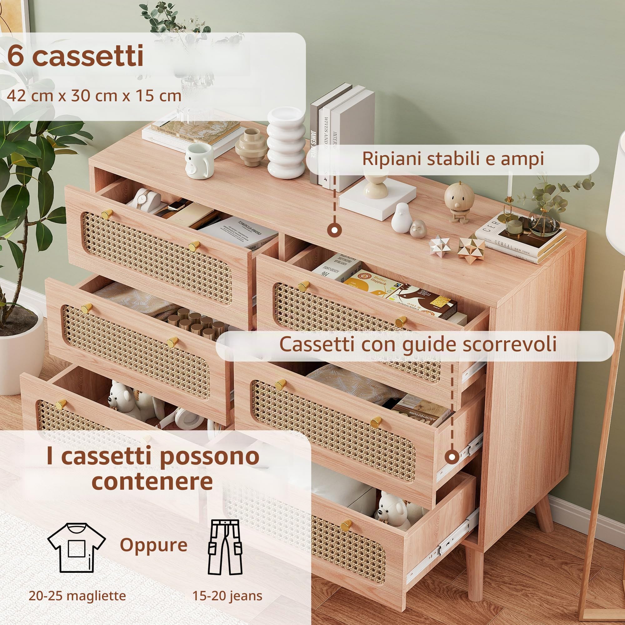 Cassettiera con 6 cassetti, in rattan, camera da letto, cassettiera moderna, cassettiera in legno con manici dorati, credenza, cassettiera per corridoio, soggiorno, camera da letto