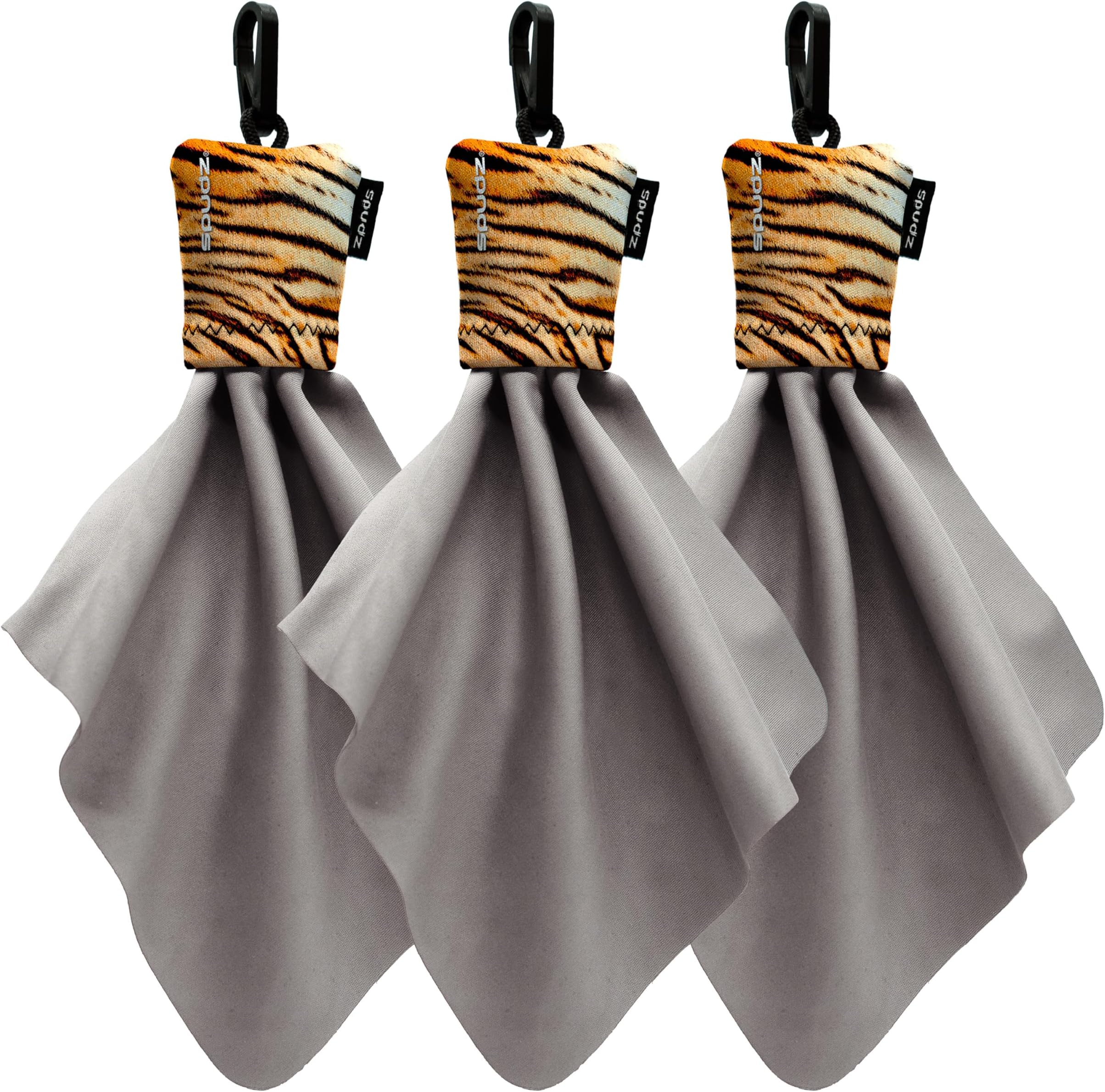SPUDZ Classic Microfiber Lens Cleaner – Clip-On Pouch, Washable – for Binoculars, Scopes, Glasses, Screens | Tiger, 6 x 6 Inch (3-Pack)