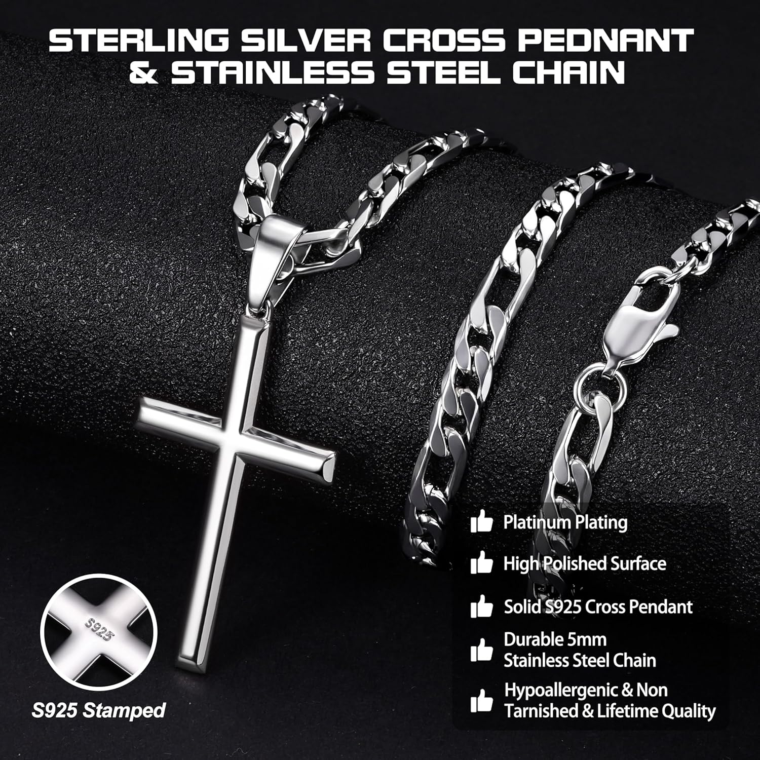MILACOLATO 925 Sterling Silver Cross Necklace for Men Women - 5mm Durable 316L Stainless Steel Figaro Link Chain with Beveled Edge Cross Pendant, Silver Crucifix Necklaces Jewelry, 16-30'' Christian Baptism Gift - Image 4