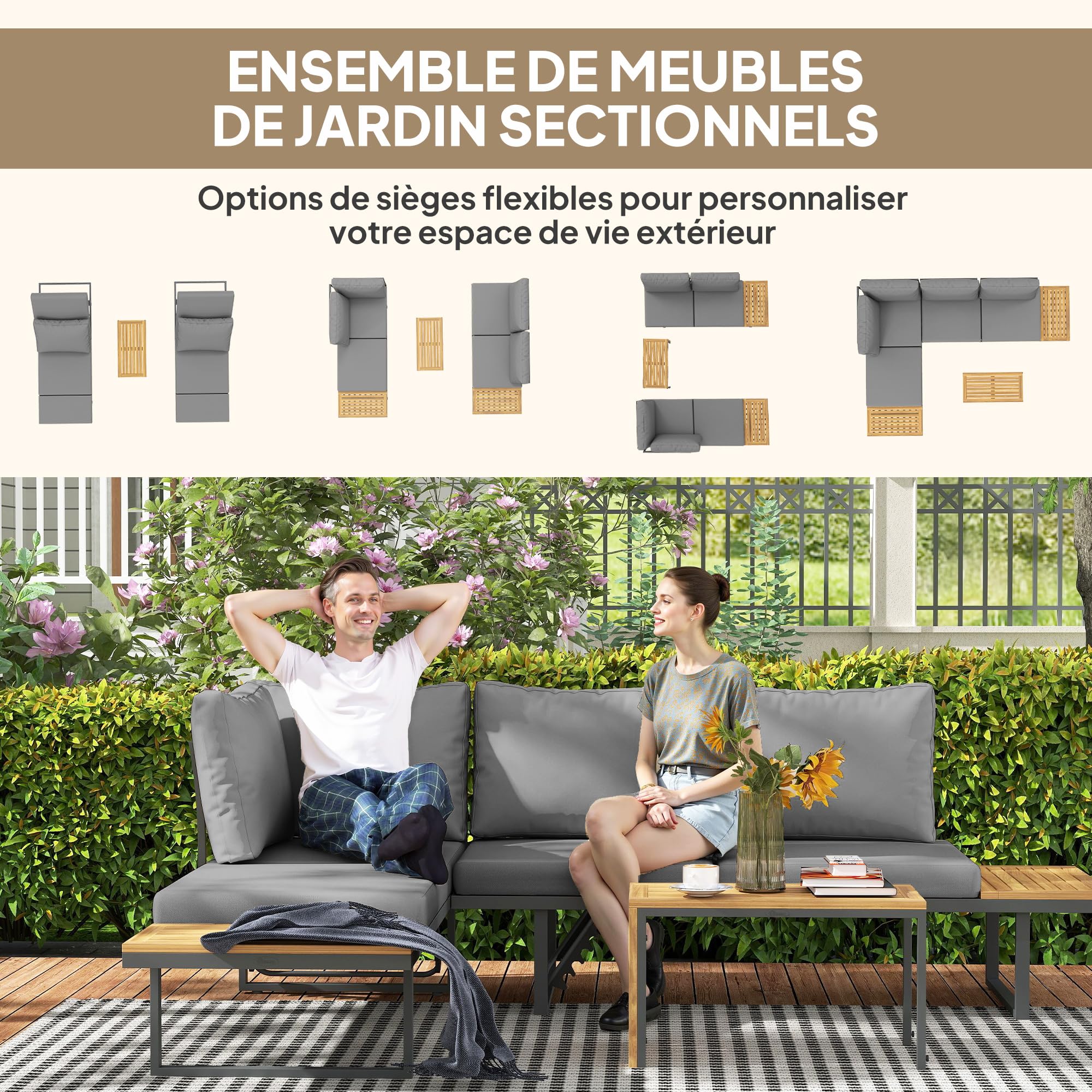 Outsunny Salon de Jardin extérieur d'angle 6 Places modulable en Bois d'acacia avec canapés et Table Basse, Dossier Ajustable, Coussins Inclus, chaises Longues pour terrasse Patio Jardin, Gris