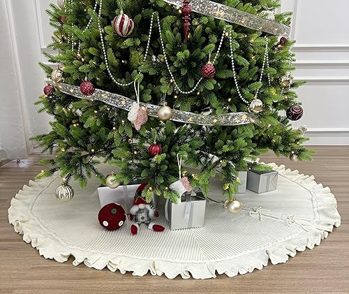 Miniatura 7 de Falda de árbol de Navidad de punto con volantes de 72 pulgadas con lazos de encaje, color blanco crema