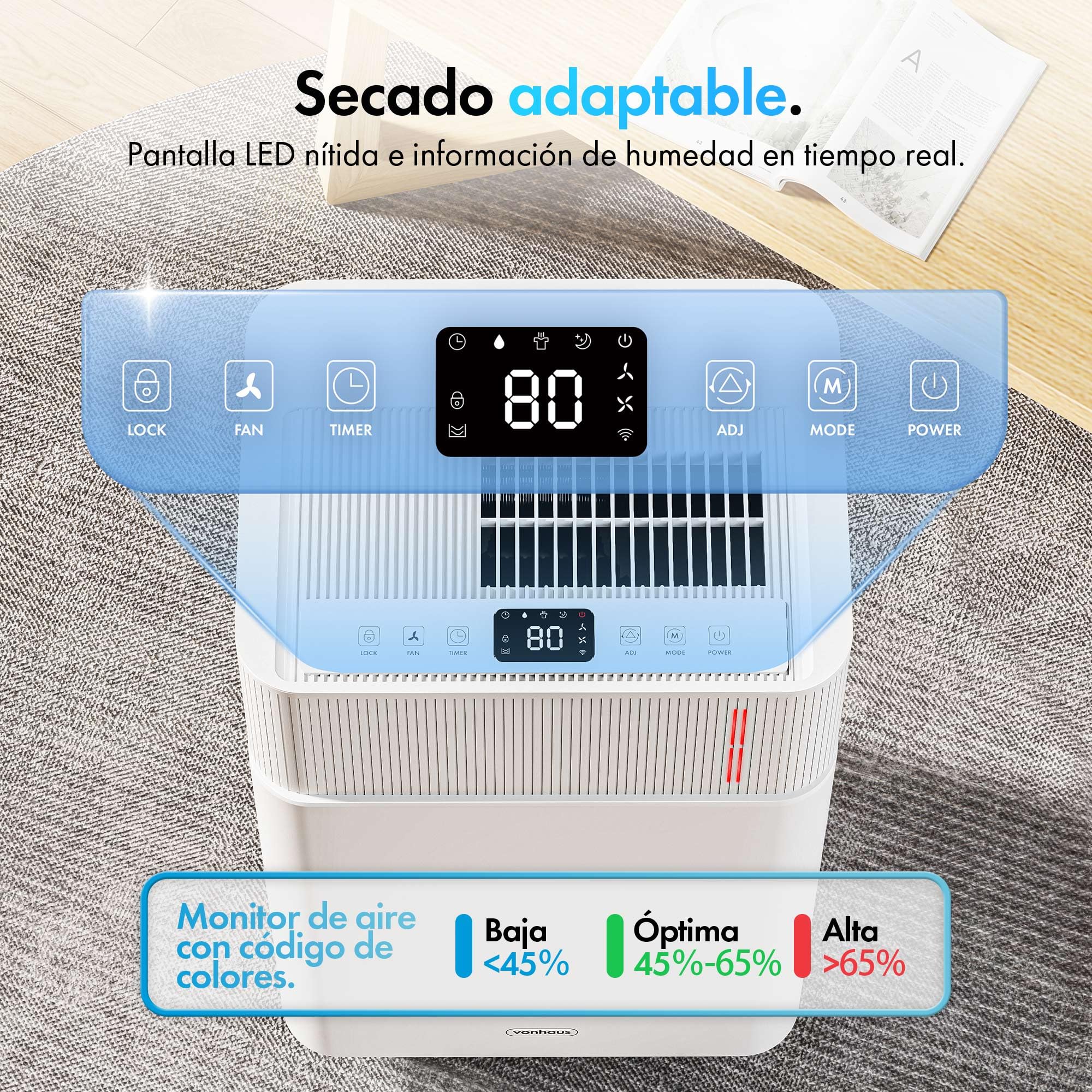 VonHaus Deshumidificador 20L Bajo Consumo para Casa Depósito de Agua de 4,5 L – Deshumidificador WiFi para Secar Ropa Previene el Moho y los Malos Olores – Ideal para Casa