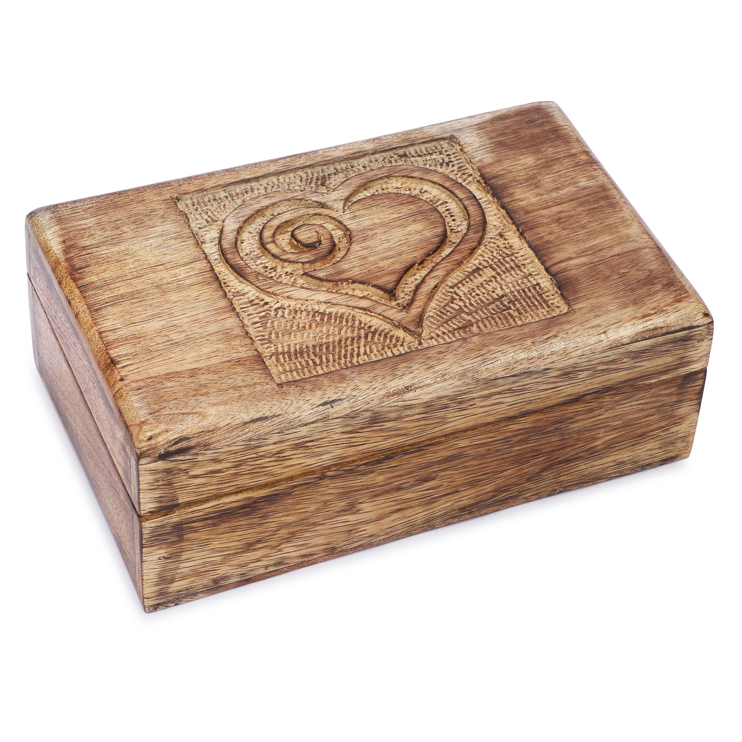 Ajuny Brown Heart Carved Wooden Keepsake Box 10 X 6 Inch, Handmade Mango Wood Treasure Chest Storage, Vintage Decorative Jewellery Box, Trinket Organiser Gift For Home Décor