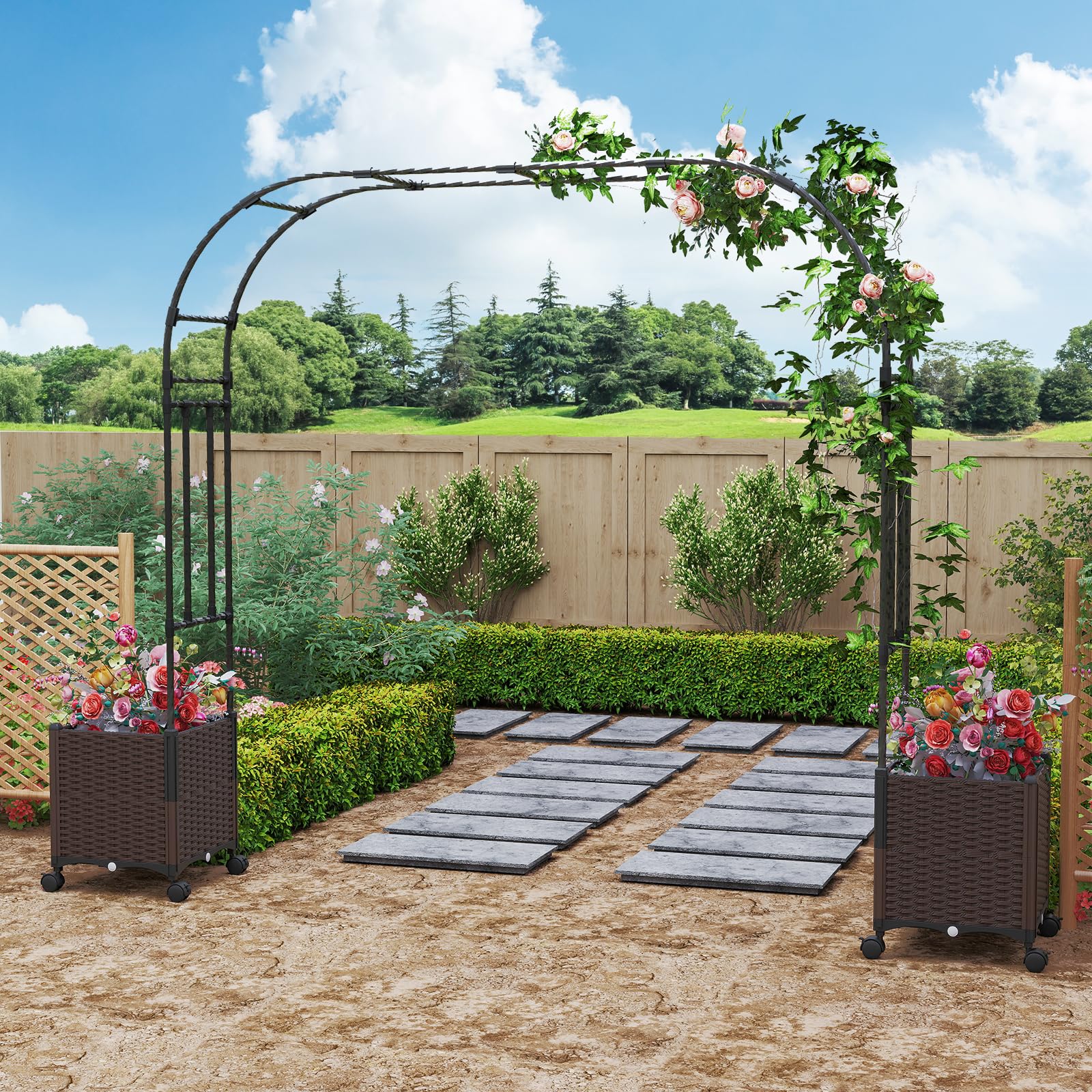 COSTWAY Arco da Giardino, Pergolato per Piante Rampicanti con 2 Fioriere, Sistema di Autoirrigazione, Fori di Drenaggio e Ruote Bloccabili, Decorazione per Matrimoni