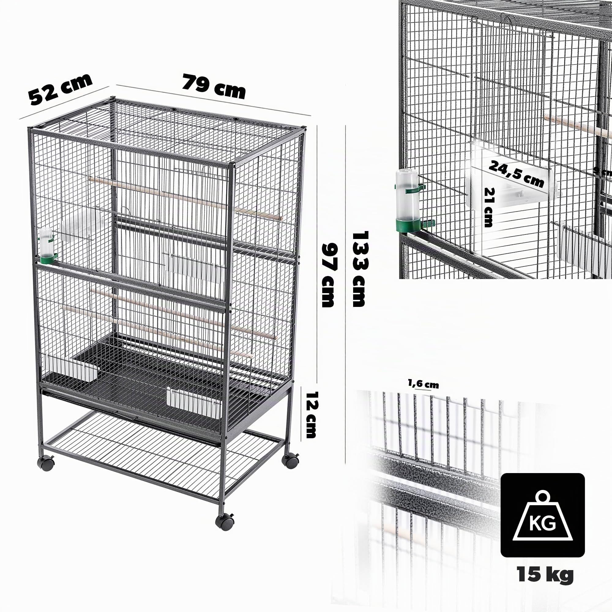 KADAX Vogelvoliere 79 x 52 x 133 cm, Vogelkäfig auf Rollen mit Sitzstangen, Futternäpfen & Wasserspender, Vogelhaus aus Metall, Käfig für Wellensittiche, Papageienkäfig