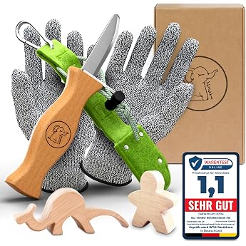 Eli Children's Carving Knife with Felt Bag from 6 Years - High-Quality Children's Knife Carving Set Including Cut-resistant Gloves - Children's Carving Knife - Carving Tool - Outdoor Knife - Green
