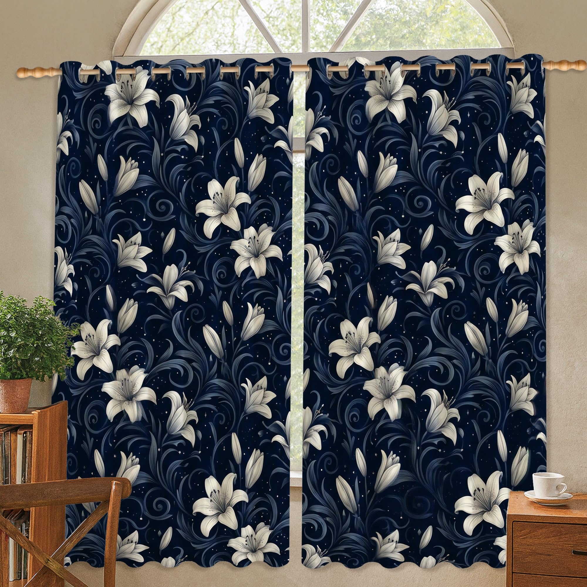Rideaux occultants de bureau Lilies motif floral bleu marine pour fenêtre