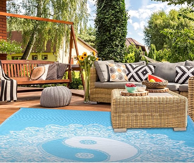 Umi By Amazon Outdoor Patio Rugs - Polypropylene Reversible Mats Area Straw Rag Rug for RV Camping, Picnic, Garden Decor, Beach (Yin Yang Sky Blue 90 x 150 cm)