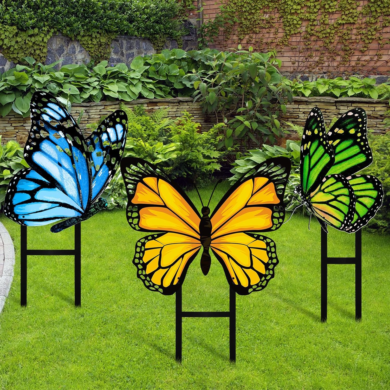 3 Pcs Spring Metal Butterfly Garden Stakes Decor 16.5 Inch Decorative Green Yellow Blue Butterfly Yard Stake Outdoor Insect Decor Metal Garden Art Ornaments for Patio Porch Lawn Backyard