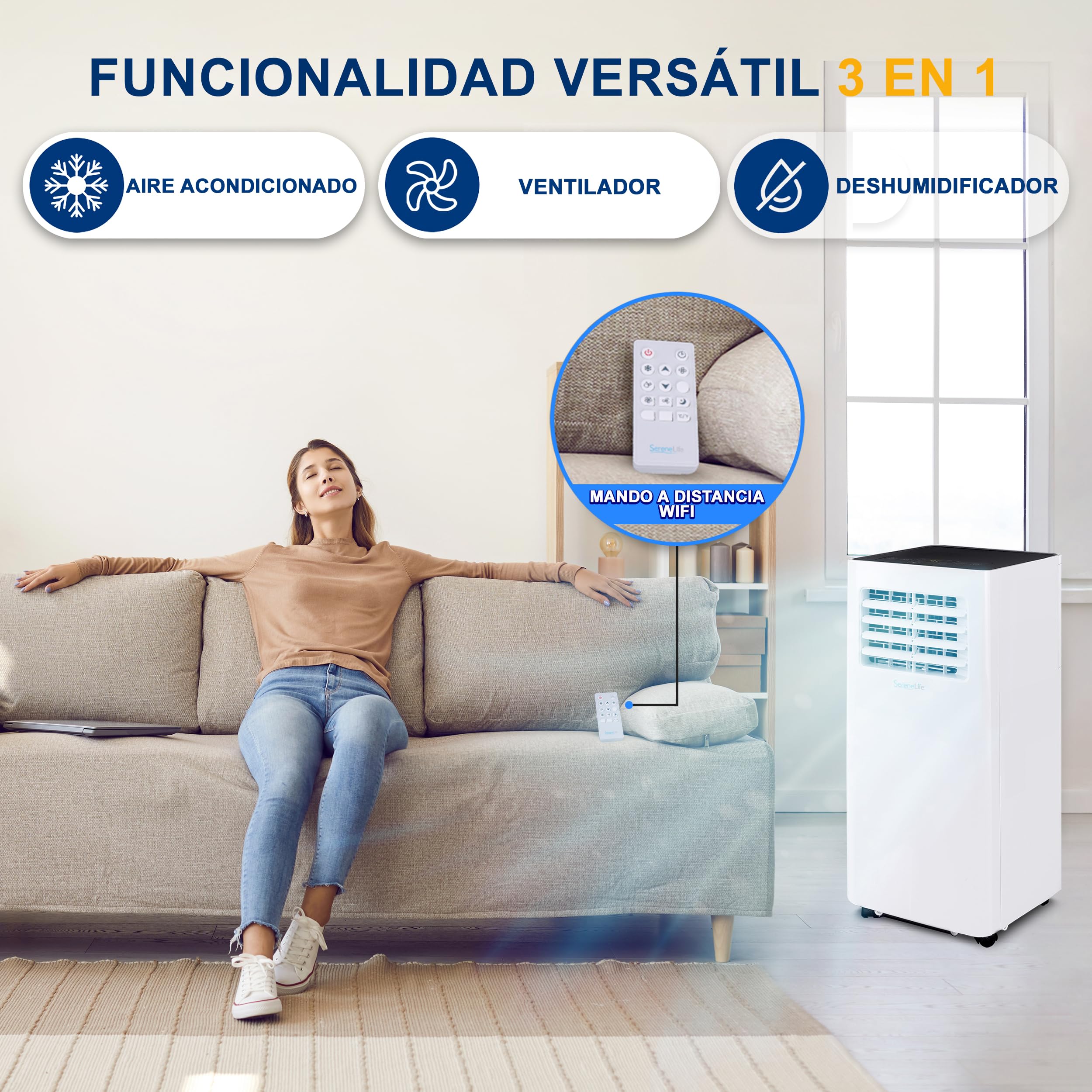SereneLife Aire Acondicionado Portátil, 9.000 BTU, Móvil, WiFi, Silencioso, Deshumidificador, Ventilador, Control Remoto, Blanco, Portátil Para Oficina y Casa