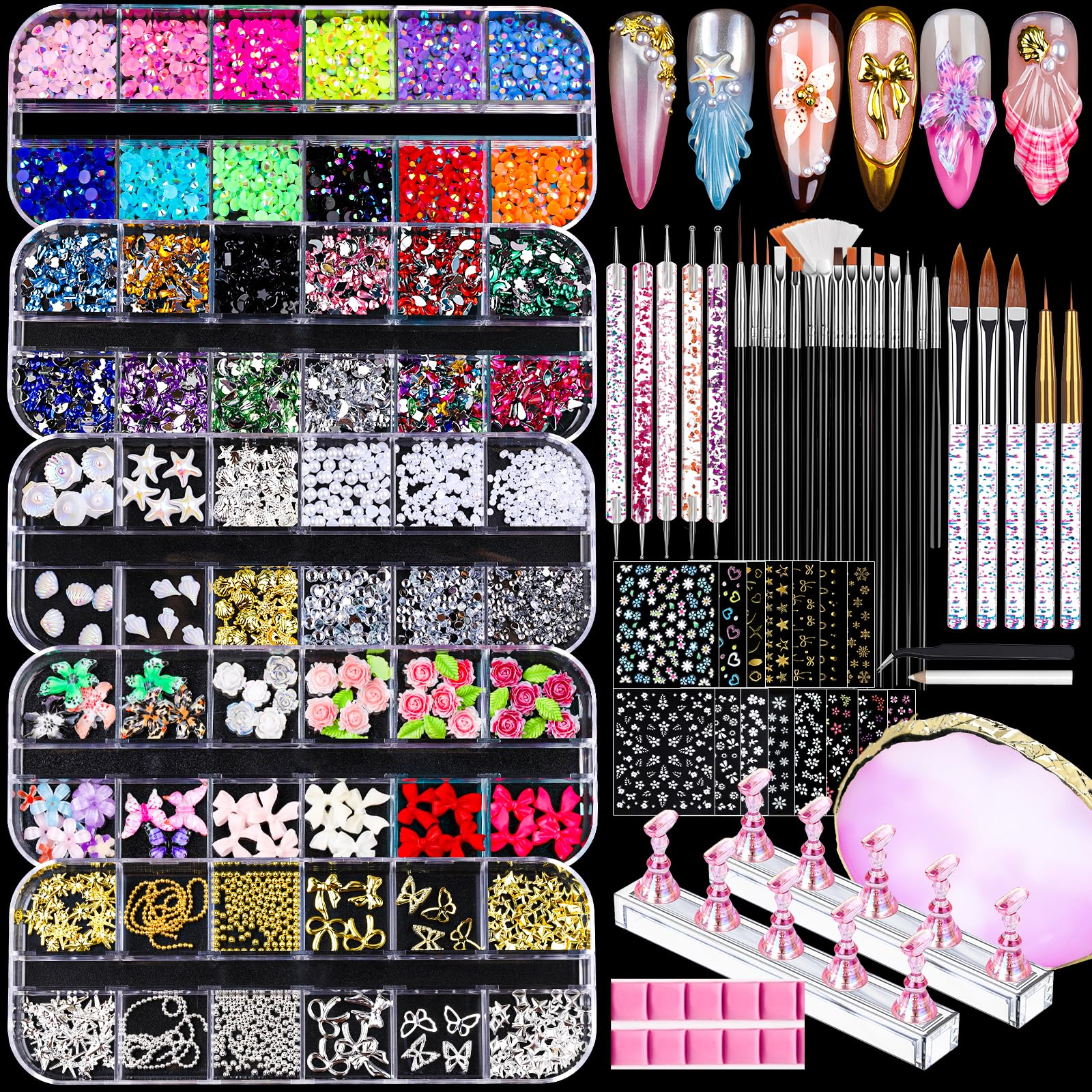 Teenitor Nail Charms and Nail Art Kit, 5 Boxes of Nail Charms and Nail Gems, 15 Pcs Nail Stickers, 20 Pcs Nail Art Brushes, 5 Pcs Nail Dotting Tools, Nail Art Palette, Nail Stand, Nail Adhesive Putty