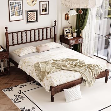 Walnut Queen Wood Bed Frame with Spindle Headboard, Retro Platform Beds Frames with Wooden Slat Support, Mattress Foundation, Under Bed Storage, No Box Spring Needed, Easy Assembly (Walnut)