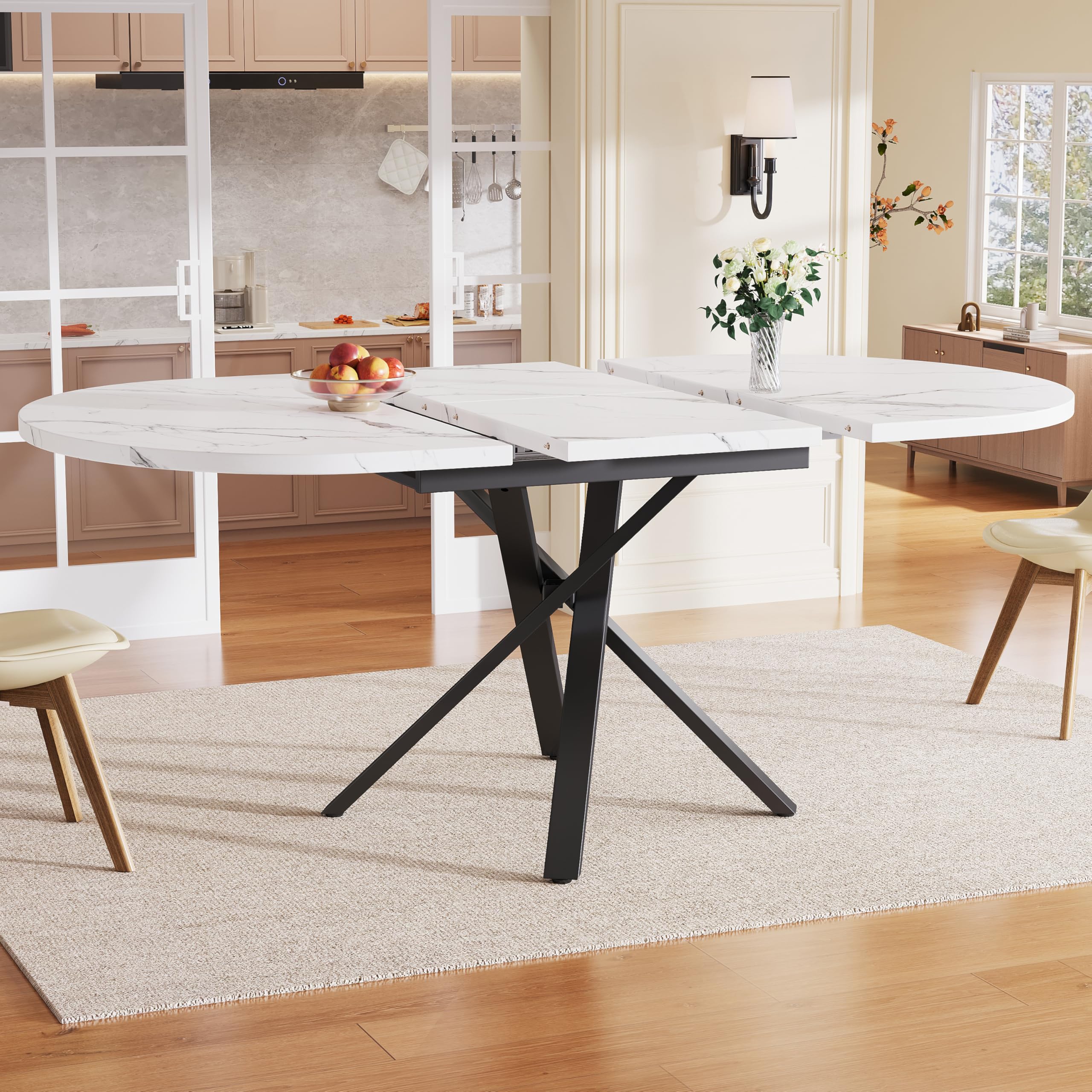 Jaxenor Extendable Dining Table 4-6 Seater, 100-140cm, Round Extending Dining Table with X-Metal Frame, Adjustable Feet, Extends to Oval, Kitchen Table for Living Room, Dining Room, White+Black