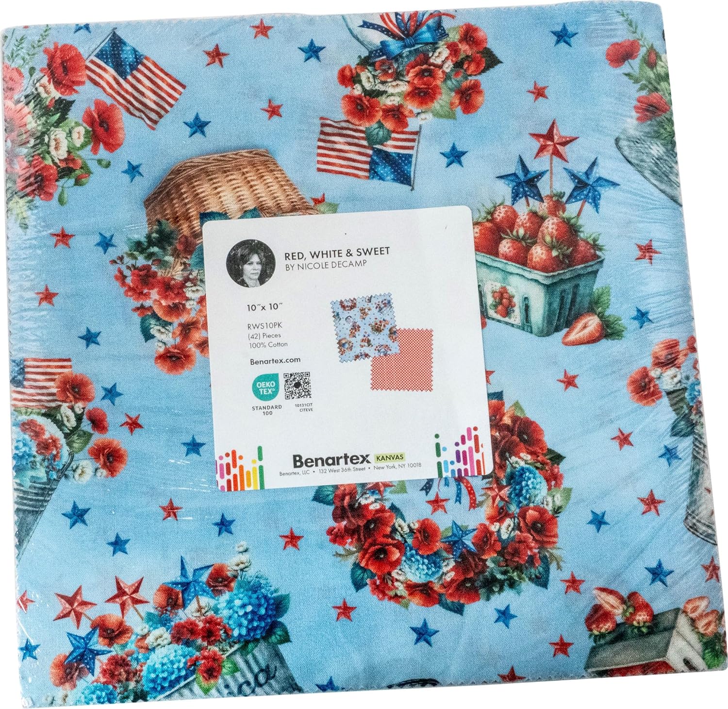 Nicole DeCamp Red, White & Sweet 10X10 Pack 42 10-inch Squares Layer Cake Benartex