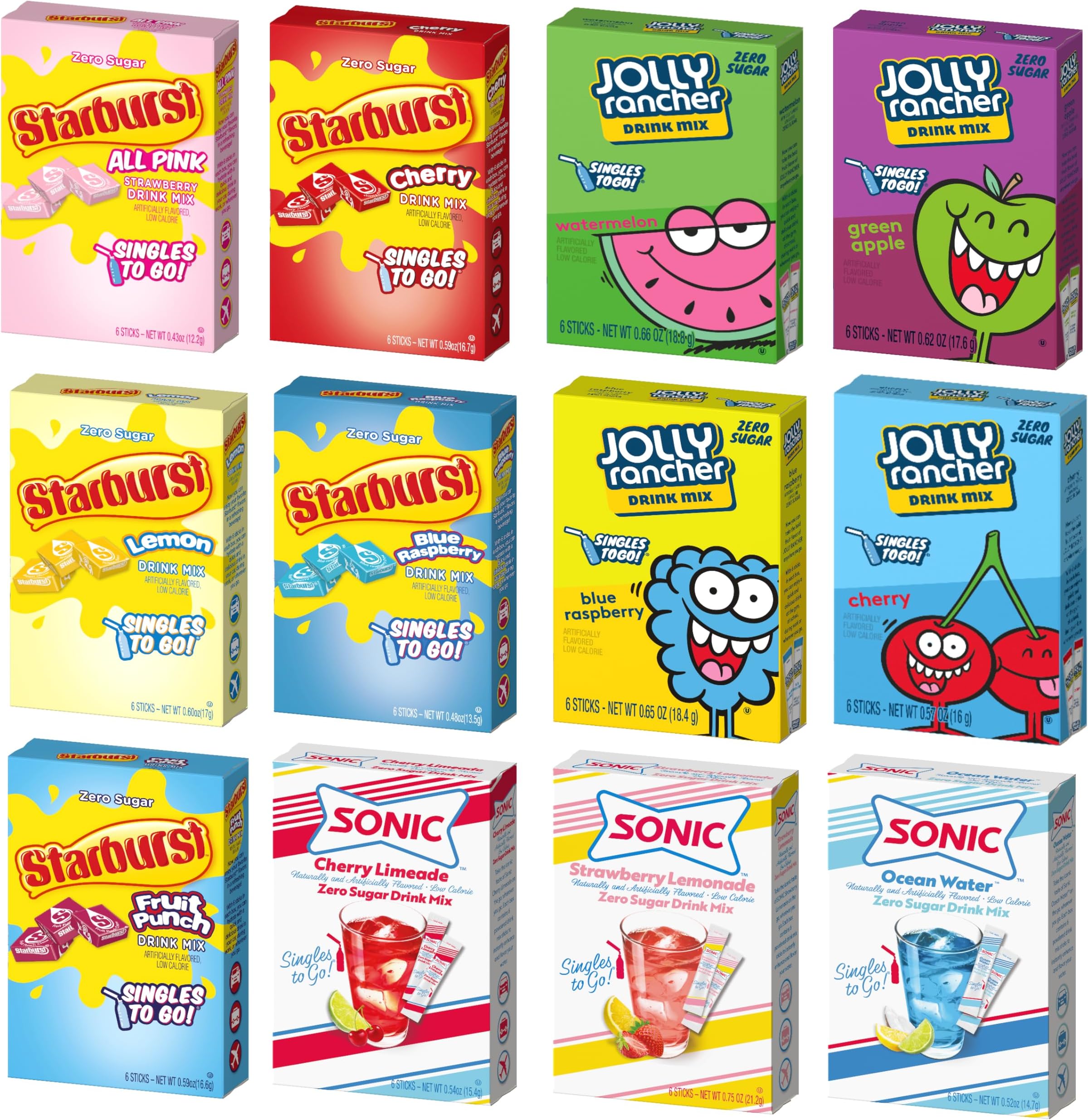 Drink Mix Variety 12 Pack - 3 Sonic Flavors, 4 Jolly Flavors and 5 Starburst Flavors - Powdered Drink Mix - On the go Convenience